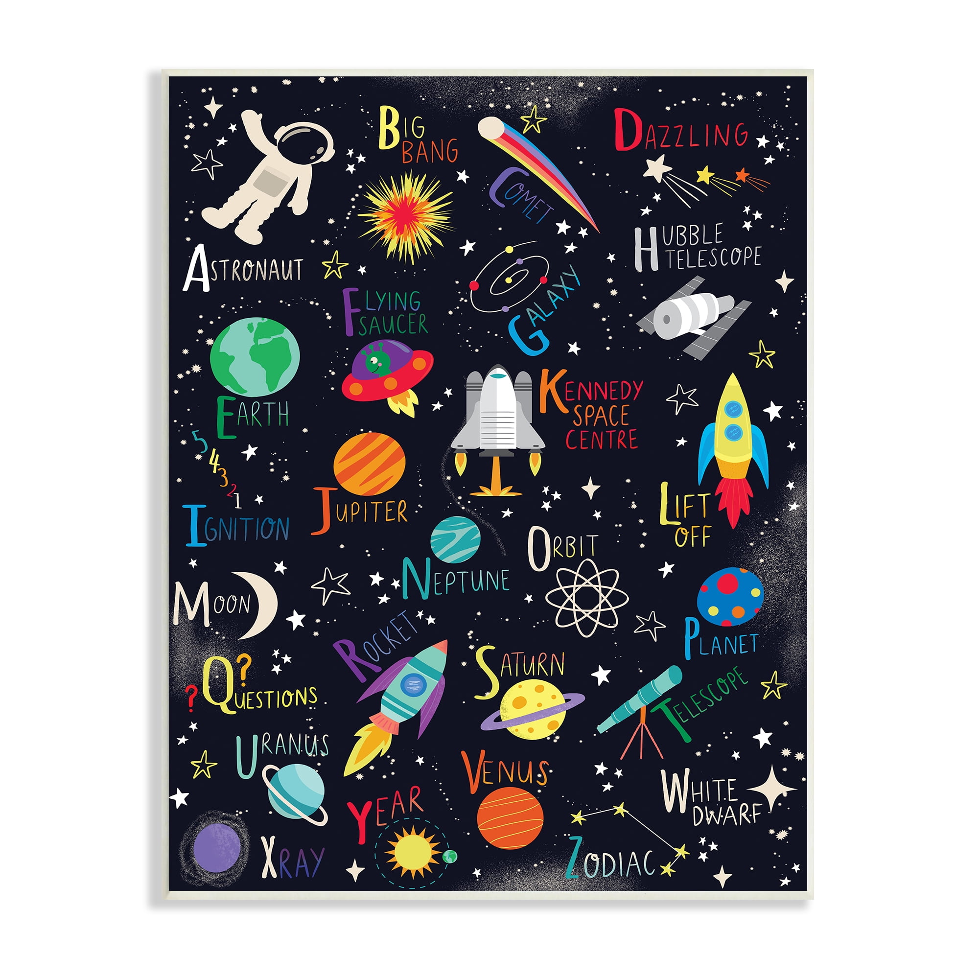Stupell Industries Outer Space Fun Alphabet Kid's ABC Typography Novelty Painting Unframed Art Print Wall Art, 10 x 15, Design by Louise Allen