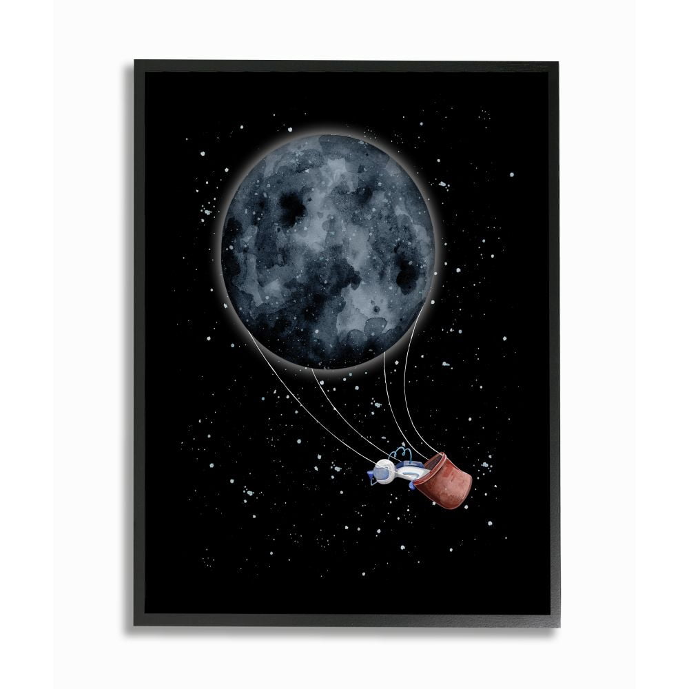 Stupell Industries Outer Space Moon Balloon Astronaut Space Traveler Framed Wall Art Design by Rachel Nieman, 16" x 20", Black Framed