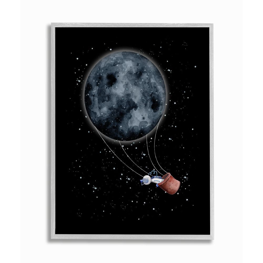 Stupell Industries Outer Space Moon Balloon Astronaut Space Traveler Framed Wall Art Design by Rachel Nieman, 16" x 20", Gray Framed
