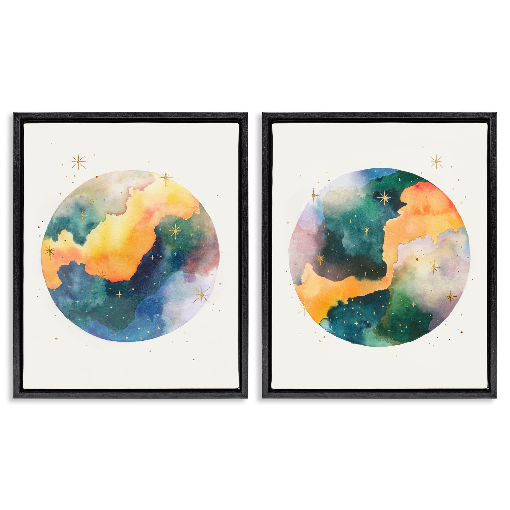 Stupell Industries Outer Space Round Galaxies Astrology & Stars Painting Black Floater Framed Canvas Art Print Wall Art, 17 x 21, Set of 2