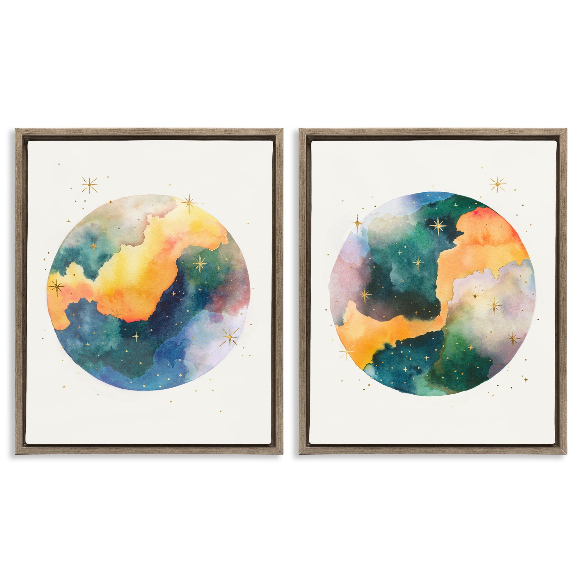 Stupell Industries Outer Space Round Galaxies Astrology & Stars Painting Brown Floater Framed Canvas Art Print Wall Art, 17 x 21, Set of 2
