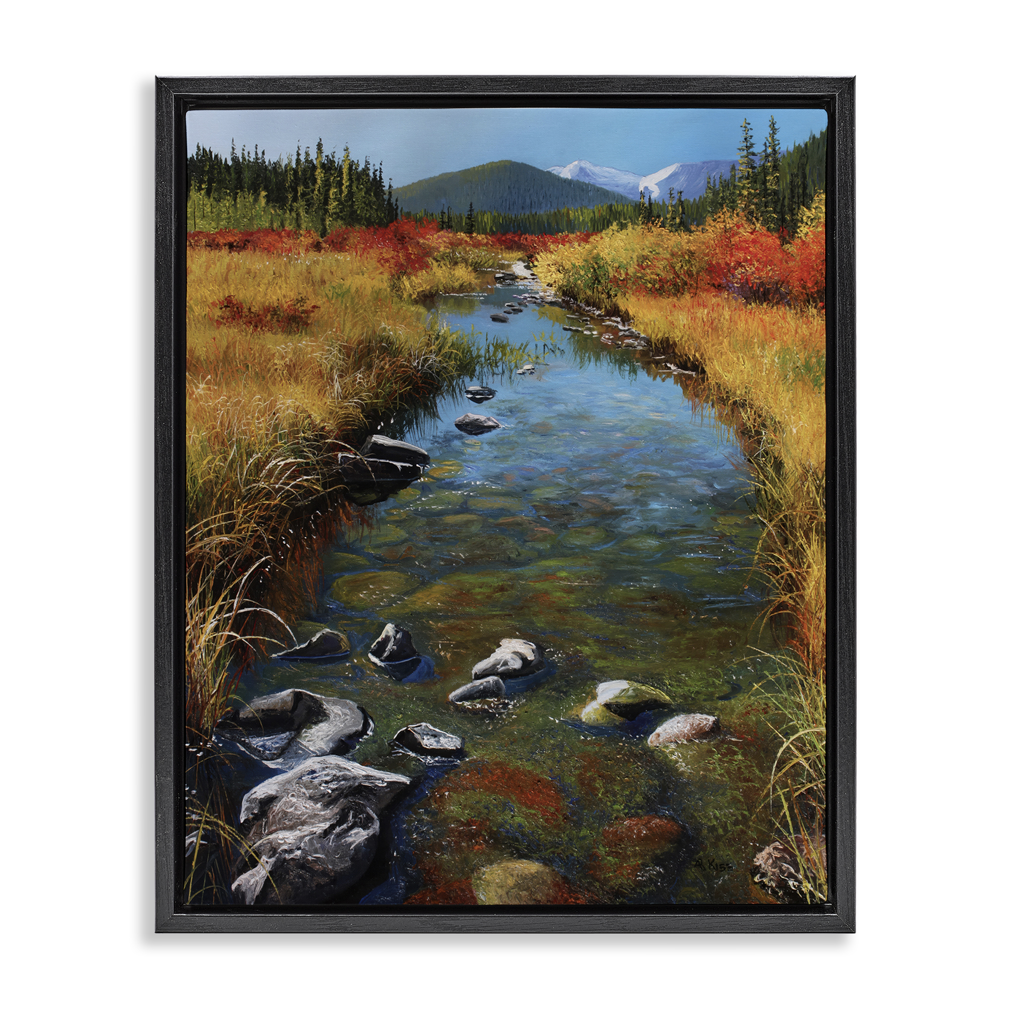 Stupell Industries Outflow From Lake Landscape & Nature Painting Black Floater Framed Canvas Art Print Wall Art, 17 x 21