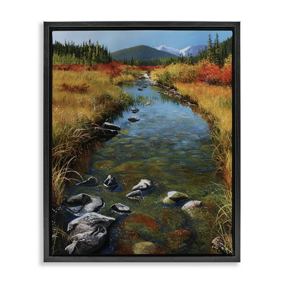 Stupell Industries Outflow From Lake Landscape & Nature Painting Black Floater Framed Canvas Art Print Wall Art, 17 x 21