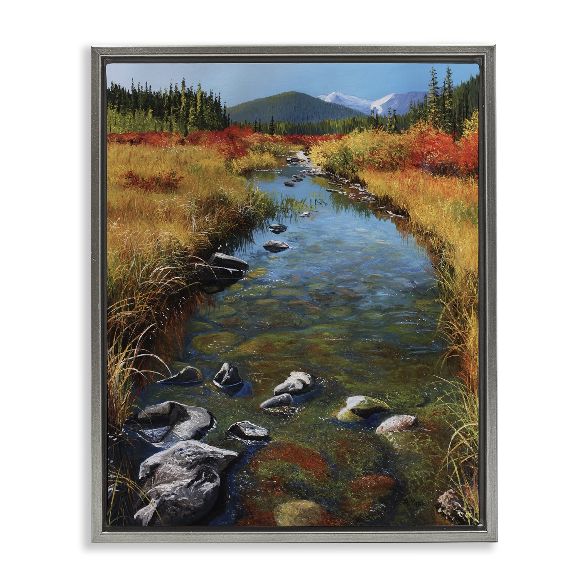 Stupell Industries Outflow From Lake Landscape & Nature Painting Gray Floater Framed Canvas Art Print Wall Art, 25 x 31