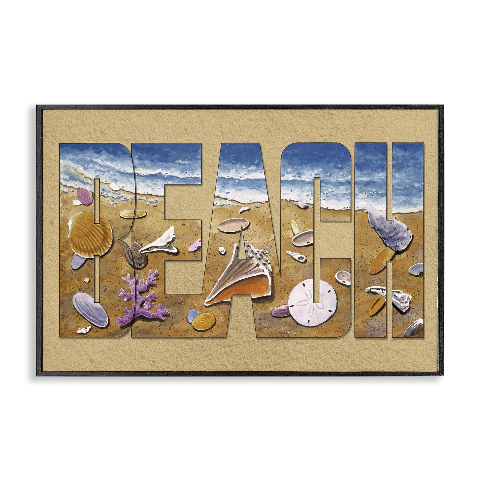 Stupell Industries Outlined Beach Letters Nautical & Beach Painting Black Framed Art Print Wall Art, 24 x 16