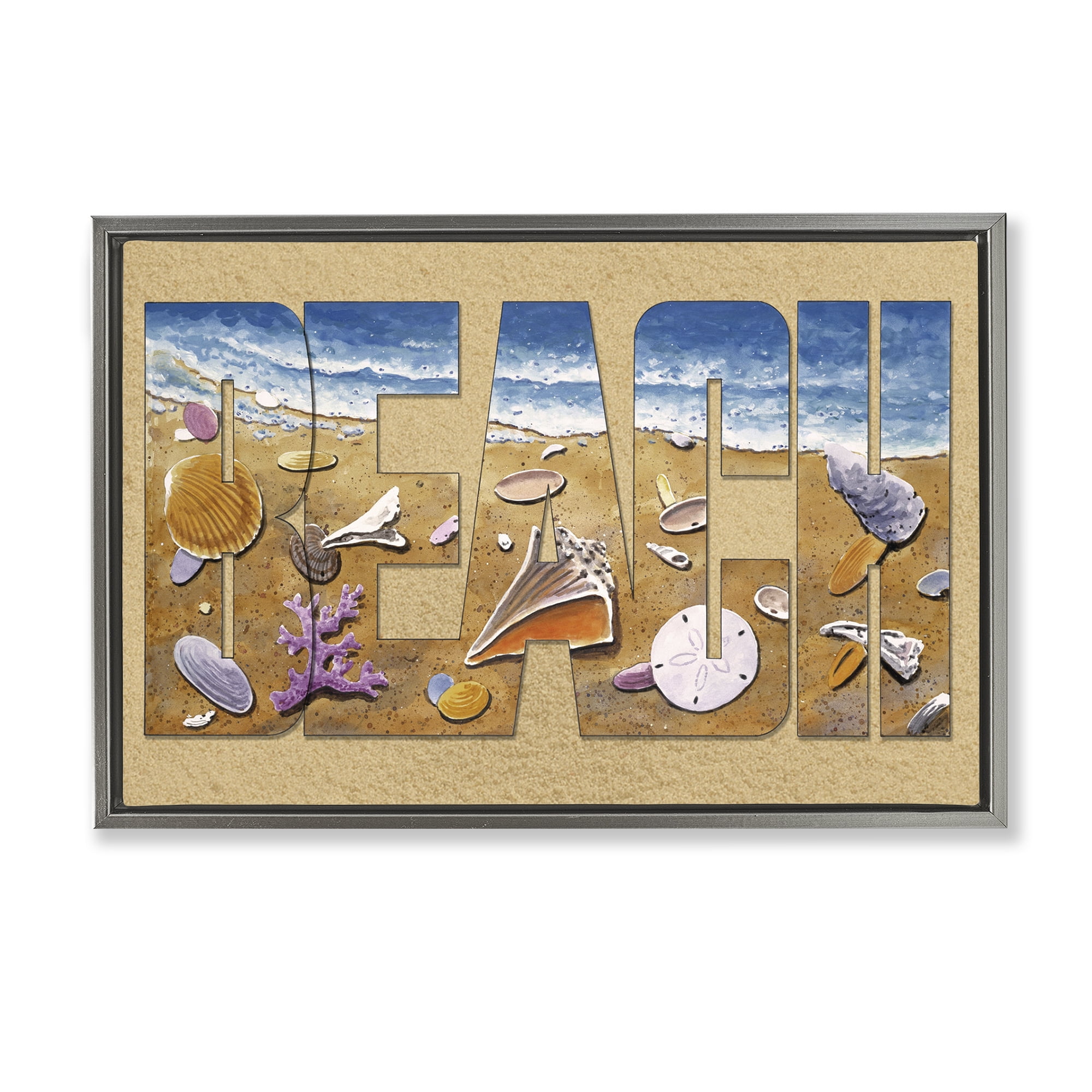 Stupell Industries Outlined Beach Letters Nautical & Beach Painting Gray Floater Framed Canvas Art Print Wall Art, 31 x 21