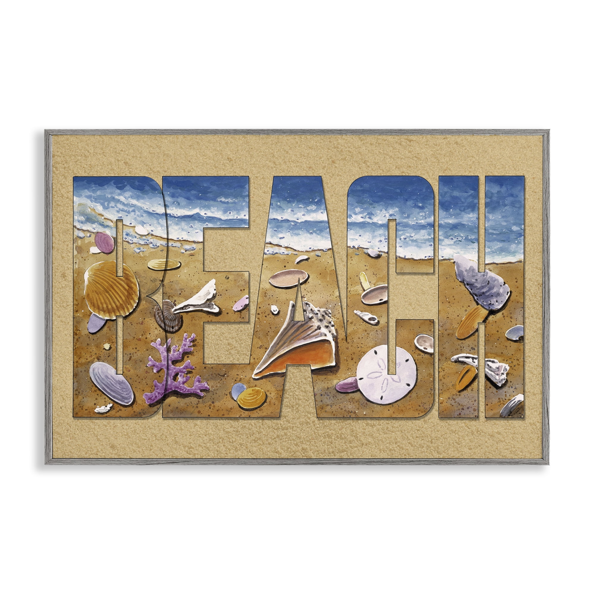Stupell Industries Outlined Beach Letters Nautical & Beach Painting Gray Framed Art Print Wall Art, 30 x 20