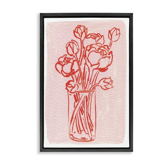 Stupell Industries Outlined Peony Vase Floral Painting Black Floater Framed Canvas Art Print Wall Art, 17 x 25