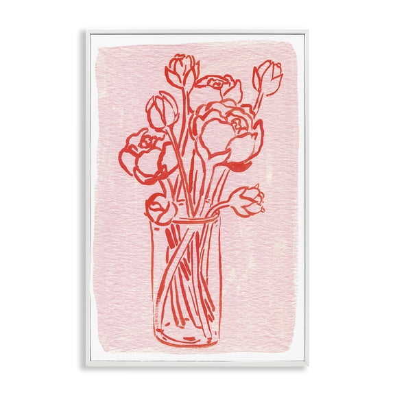 Stupell Industries Outlined Peony Vase Floral Painting White Framed Art Print Wall Art, 12 x 18