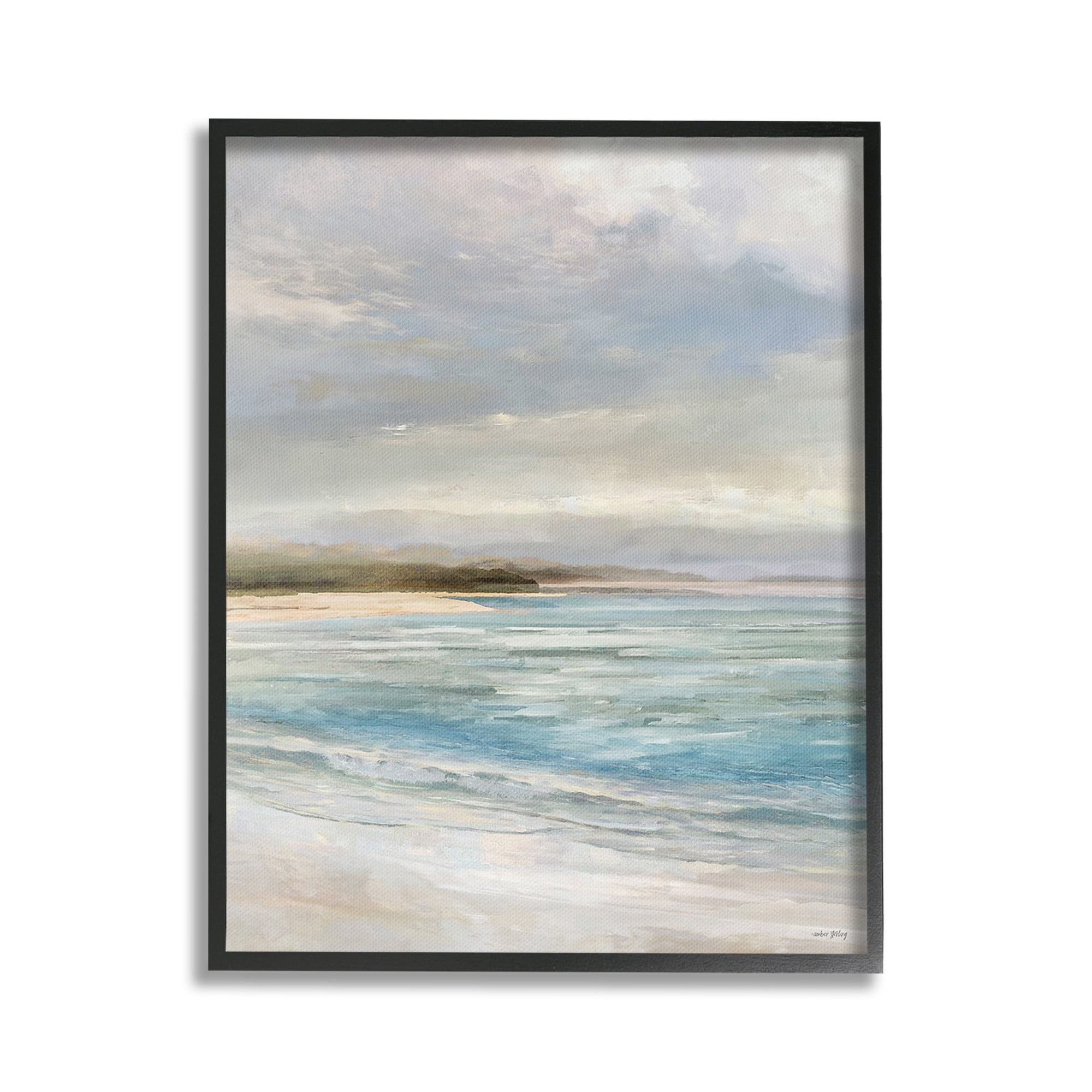Stupell Industries Overcast Beach Scenery Landscape Painting Black Framed Art Print Wall Art, 16 x 20