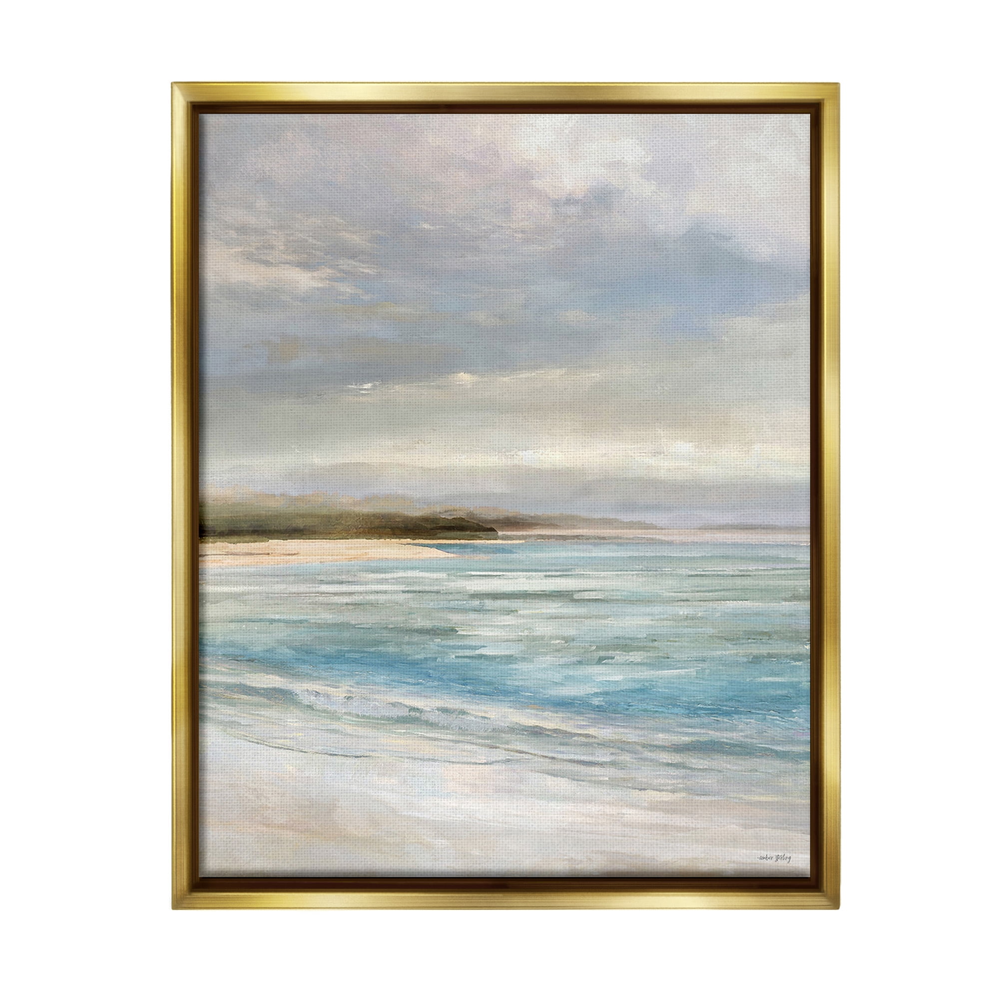 Stupell Industries Overcast Beach Scenery Landscape Painting Gold Floater Framed Canvas Art Print Wall Art, 25 x 31