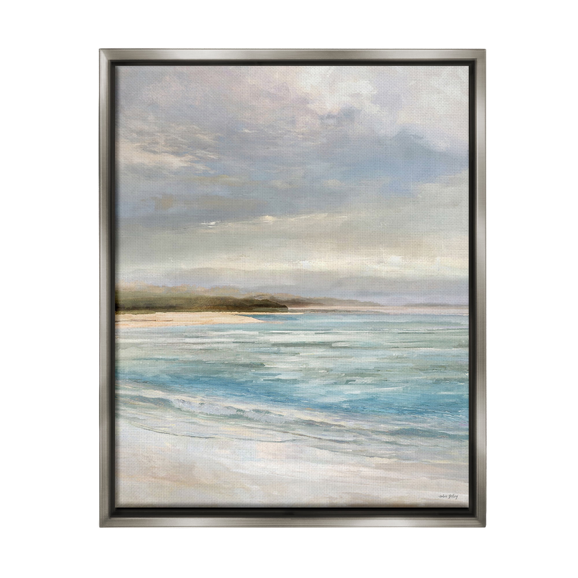 Stupell Industries Overcast Beach Scenery Landscape Painting Gray Floater Framed Canvas Art Print Wall Art, 17 x 21