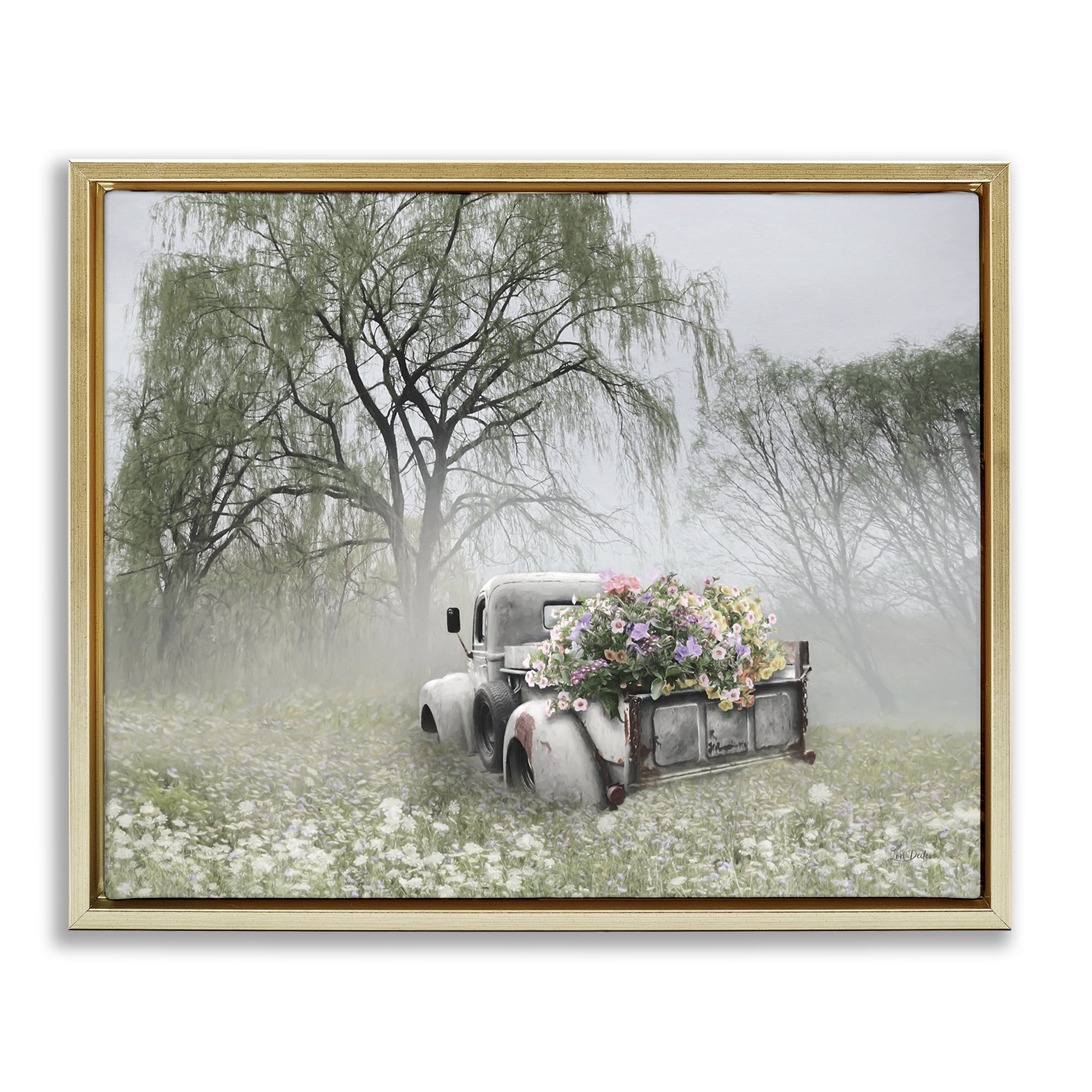 Stupell Industries Overgrown Floral Truck Plants & Flowers Photography Gold Floater Framed Canvas Art Print Wall Art, 21 x 17