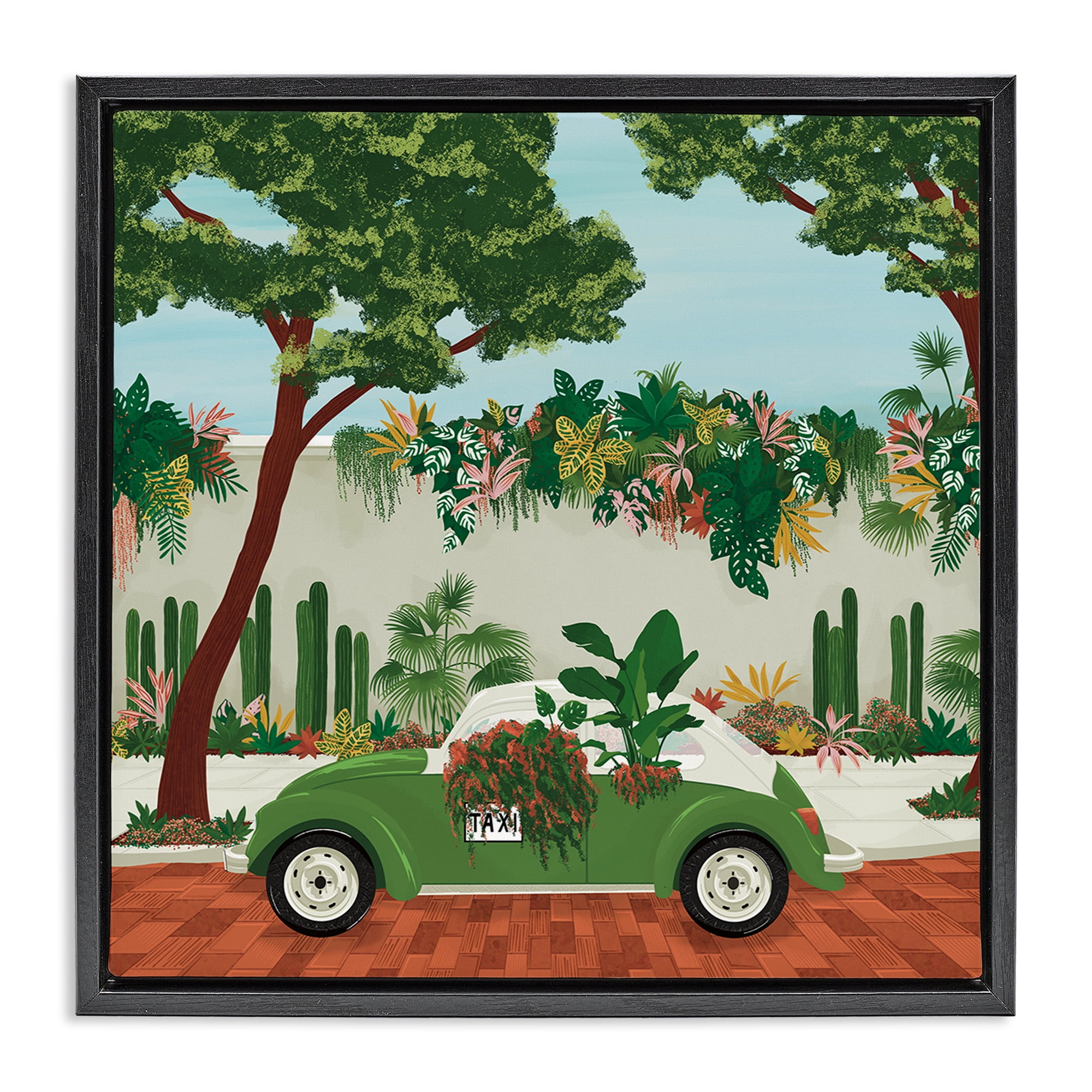 Stupell Industries Overgrown Garden Taxi Black Framed Floater Canvas Wall Art, design by Vero Illustrates