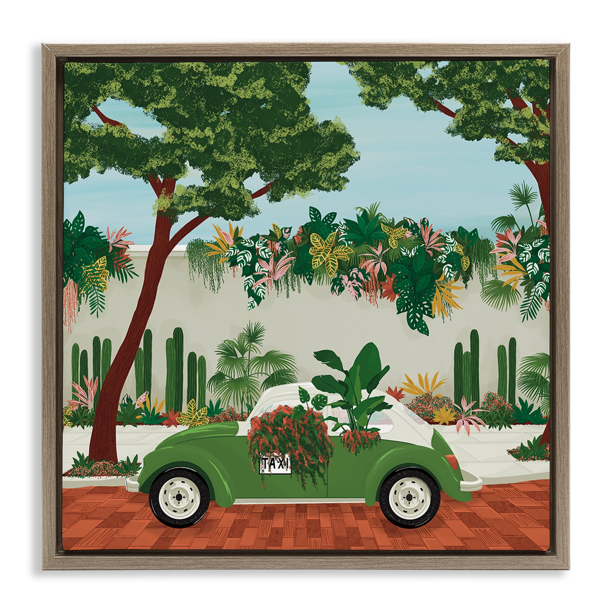 Stupell Industries Overgrown Garden Taxi Brown Framed Floater Canvas Wall Art, design by Vero Illustrates