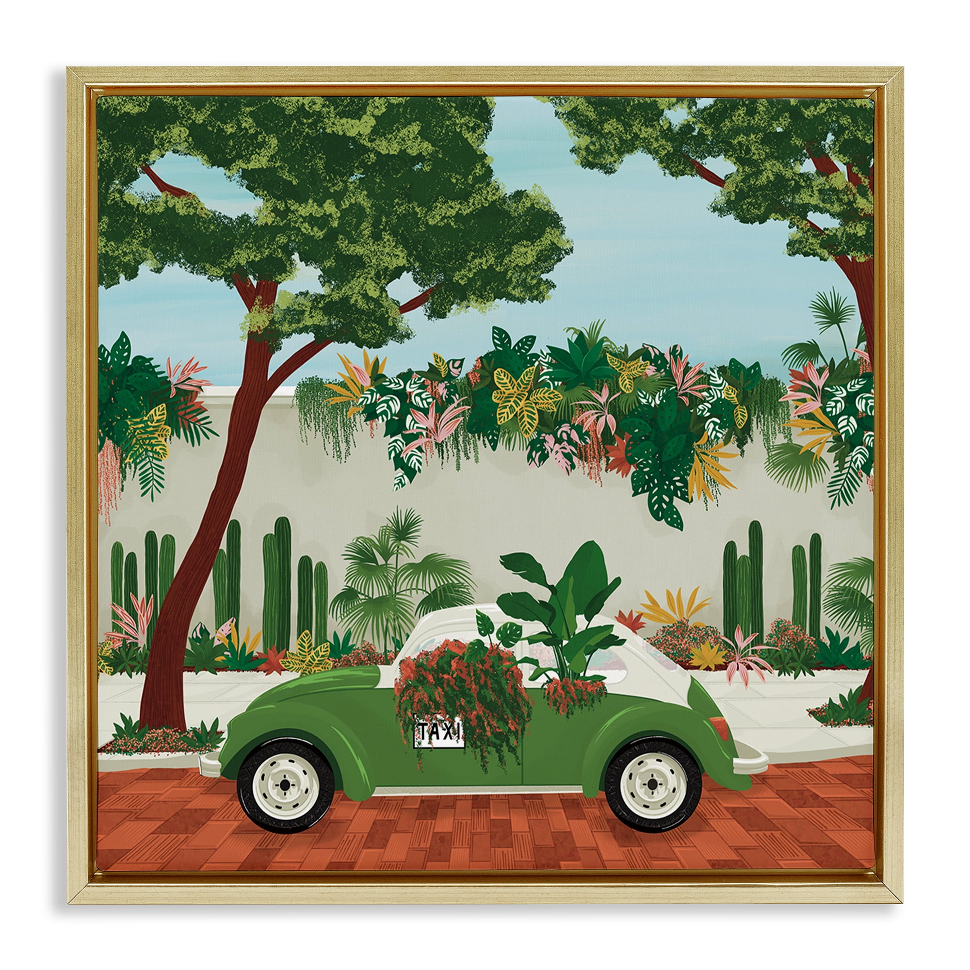 Stupell Industries Overgrown Garden Taxi Gold Framed Floater Canvas Wall Art, design by Vero Illustrates