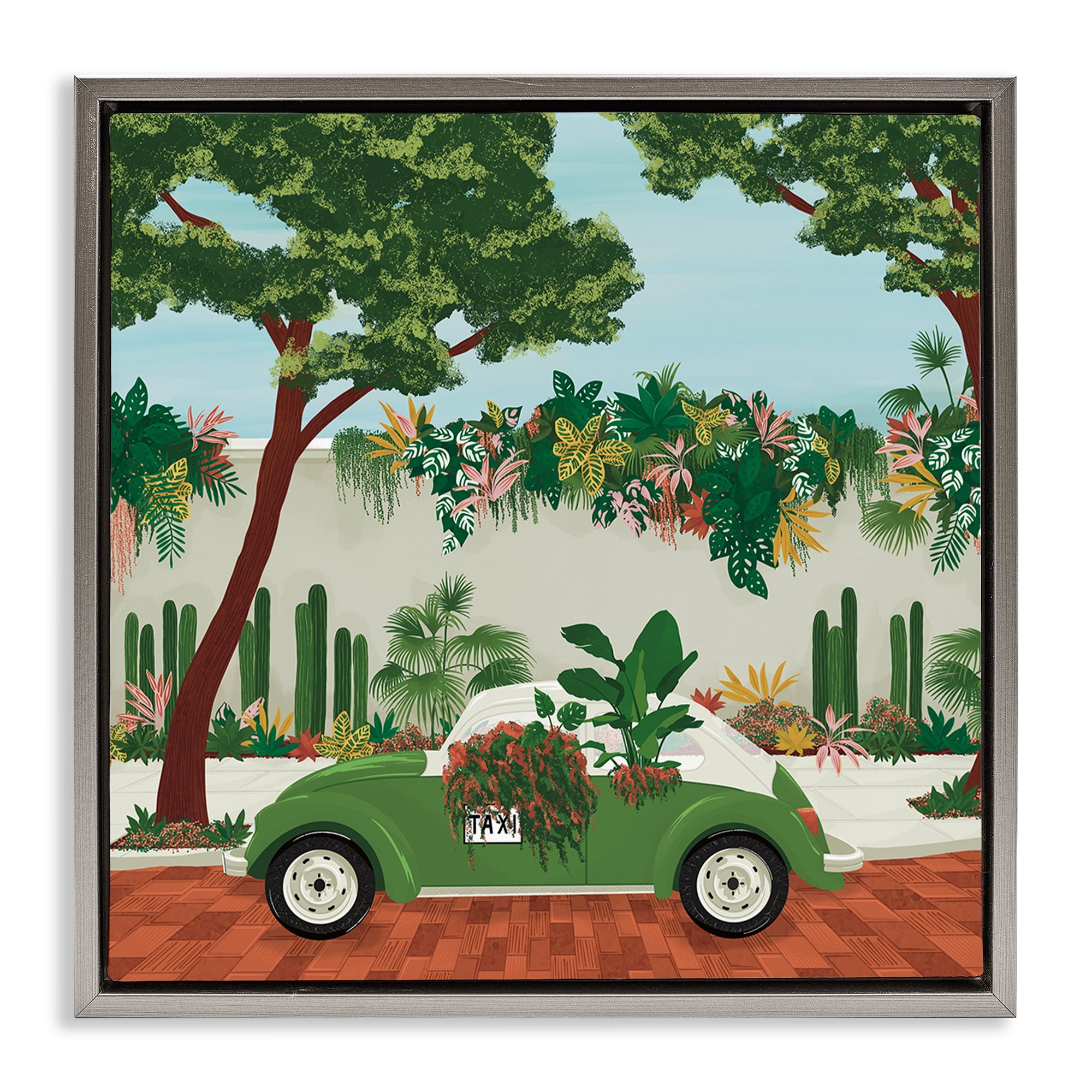 Stupell Industries Overgrown Garden Taxi Gray Framed Floater Canvas Wall Art, design by Vero Illustrates