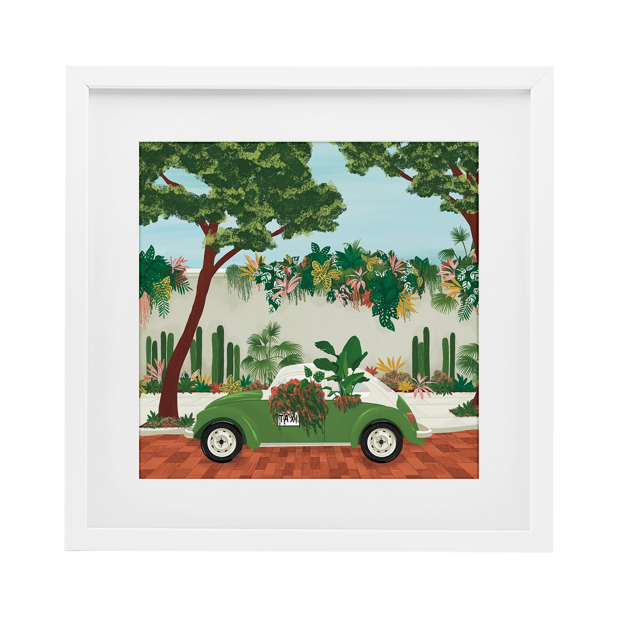 Stupell Industries Overgrown Garden Taxi White Framed Print Under Glass, design by Vero Illustrates