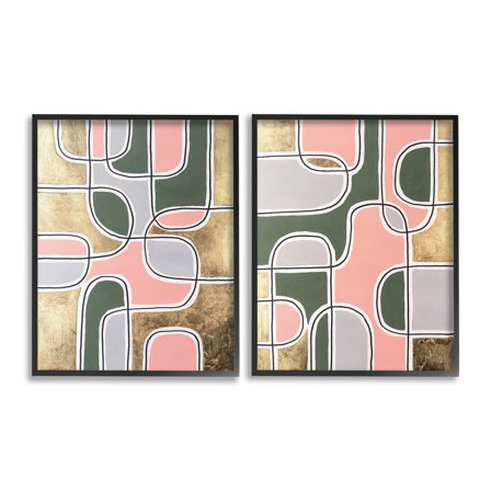 Stupell Industries Overlapping Shapes on Glam Abstract Painting Black Framed Art Print Wall Art, 11 x 14, Set of 2
