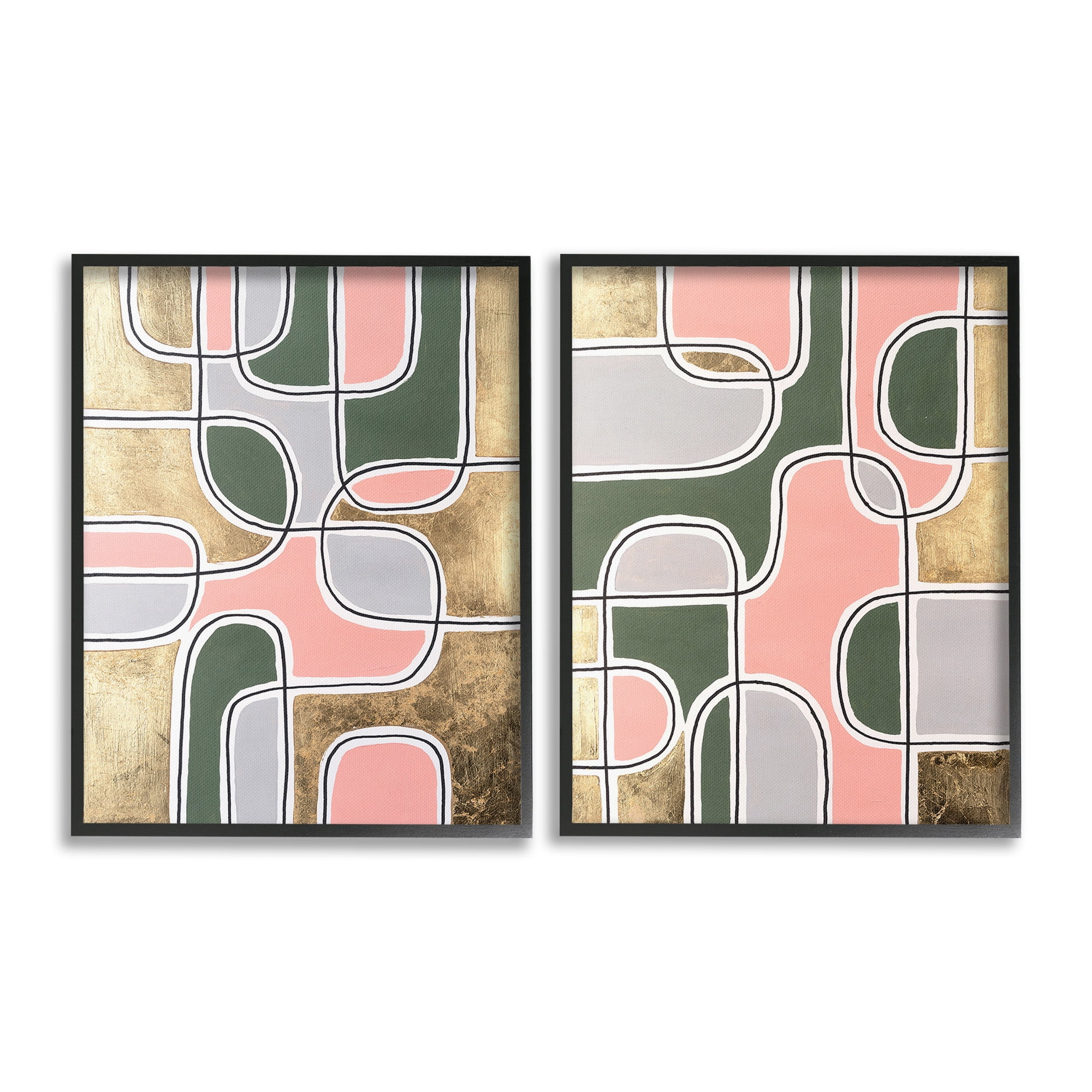 Stupell Industries Overlapping Shapes on Glam Abstract Painting Black Framed Art Print Wall Art, 16 x 20, Set of 2