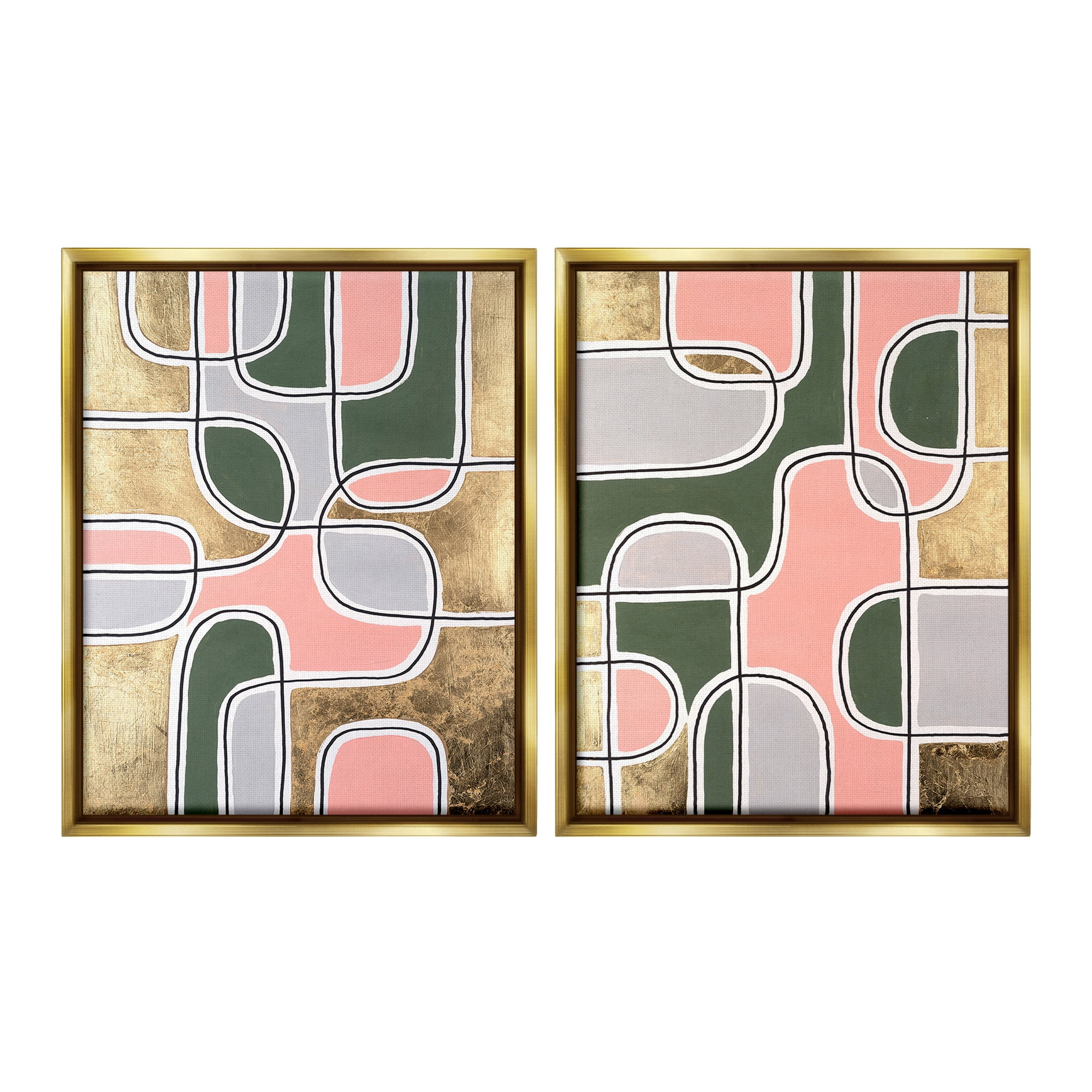 Stupell Industries Overlapping Shapes on Glam Abstract Painting Gold Floater Framed Canvas Art Print Wall Art, 25 x 31, Set of 2