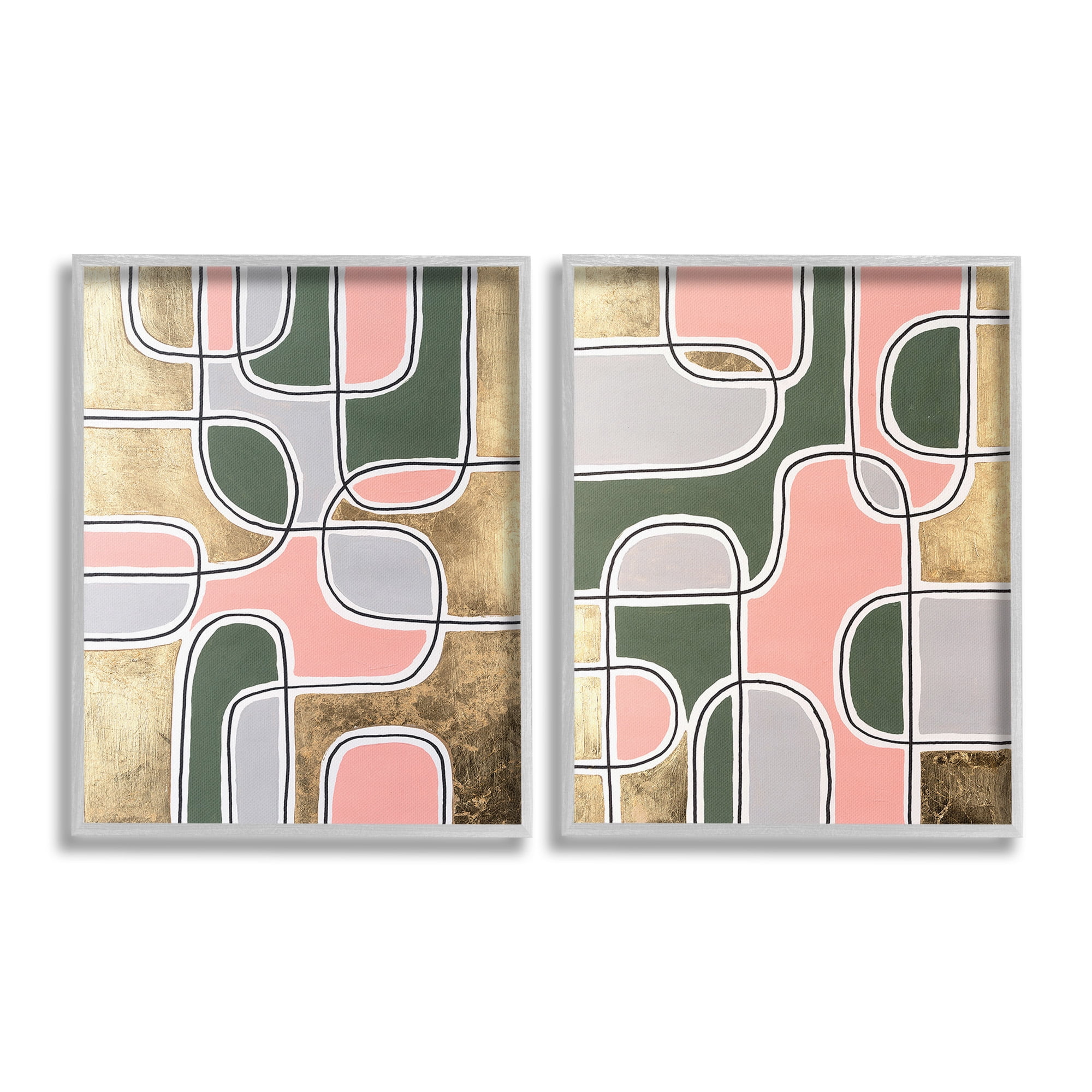 Stupell Industries Overlapping Shapes on Glam Abstract Painting Gray Framed Art Print Wall Art, 11 x 14, Set of 2