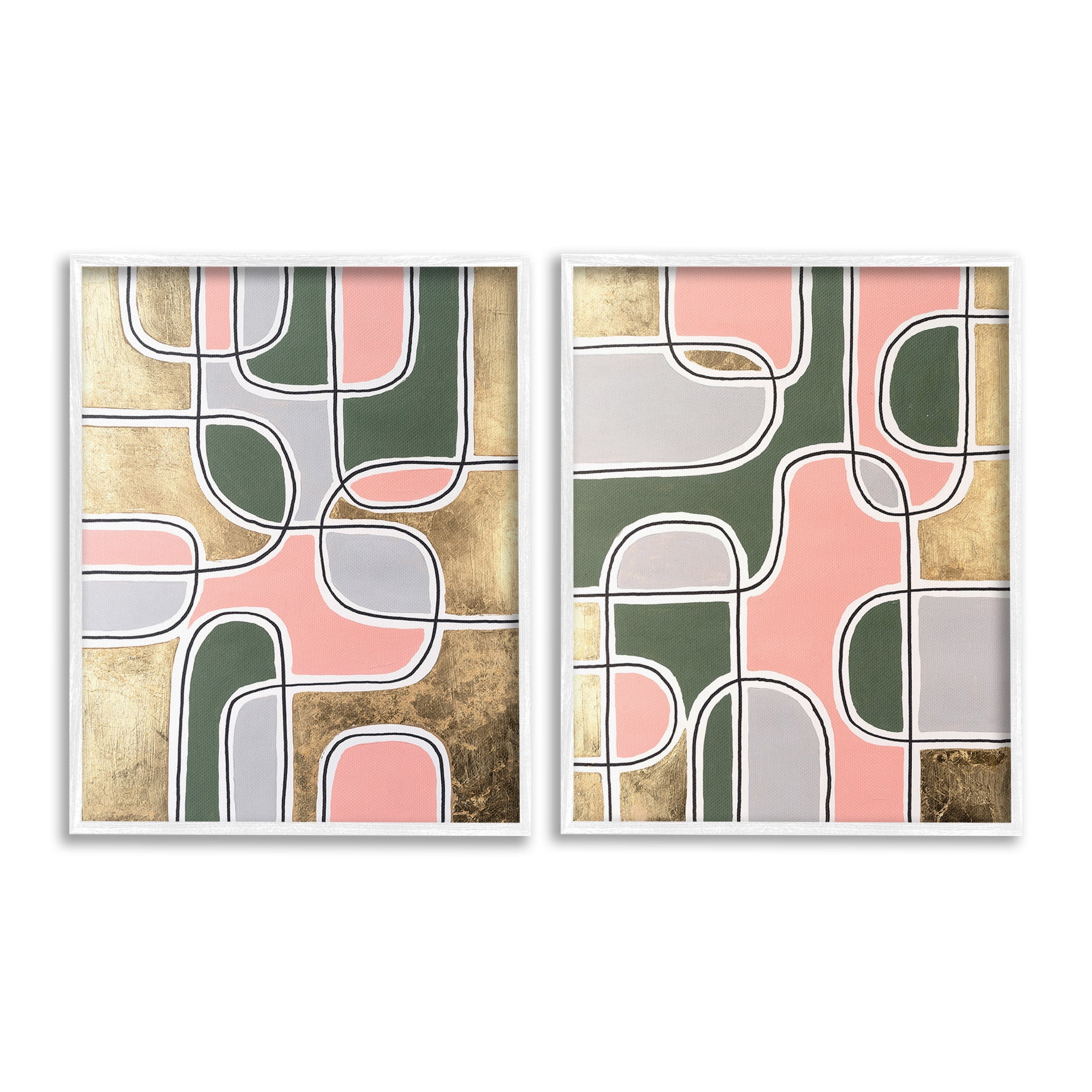 Stupell Industries Overlapping Shapes on Glam Abstract Painting White Framed Art Print Wall Art, 24 x 30, Set of 2