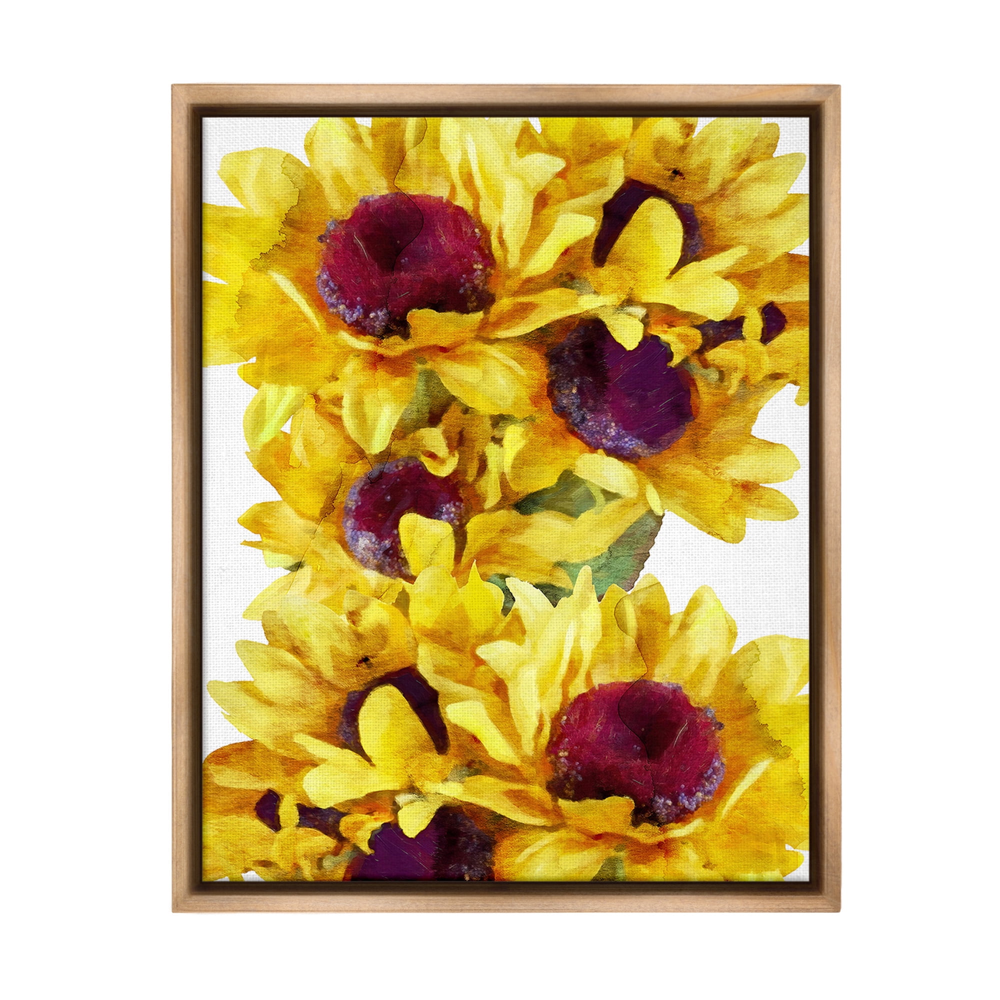 Stupell Industries Overlapping Sunflower Blooms Botanical & Floral Painting Brown Floater Framed Canvas Art Print Wall Art, 25 x 31