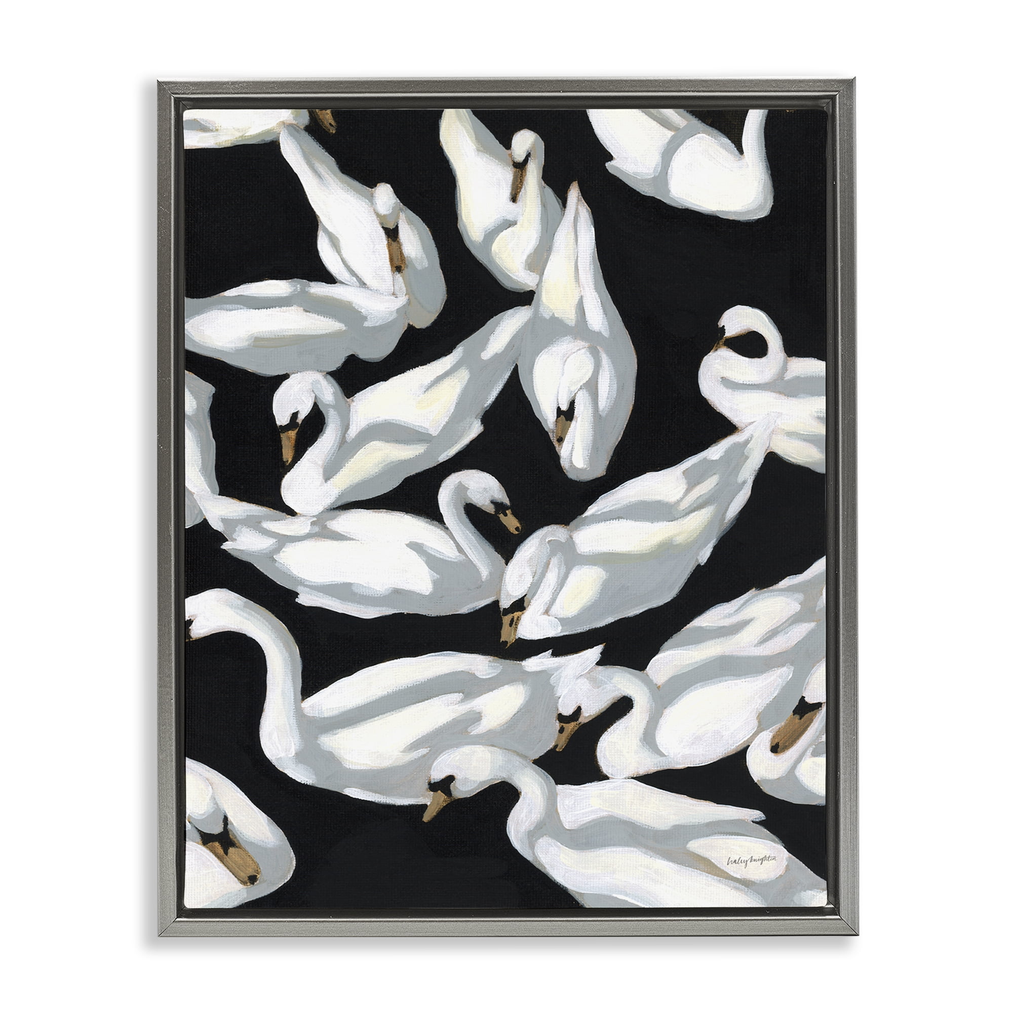 Stupell Industries Overlapping Swans on Black Animals Painting Gray Floater Framed Canvas Art Print Wall Art, 25 x 31