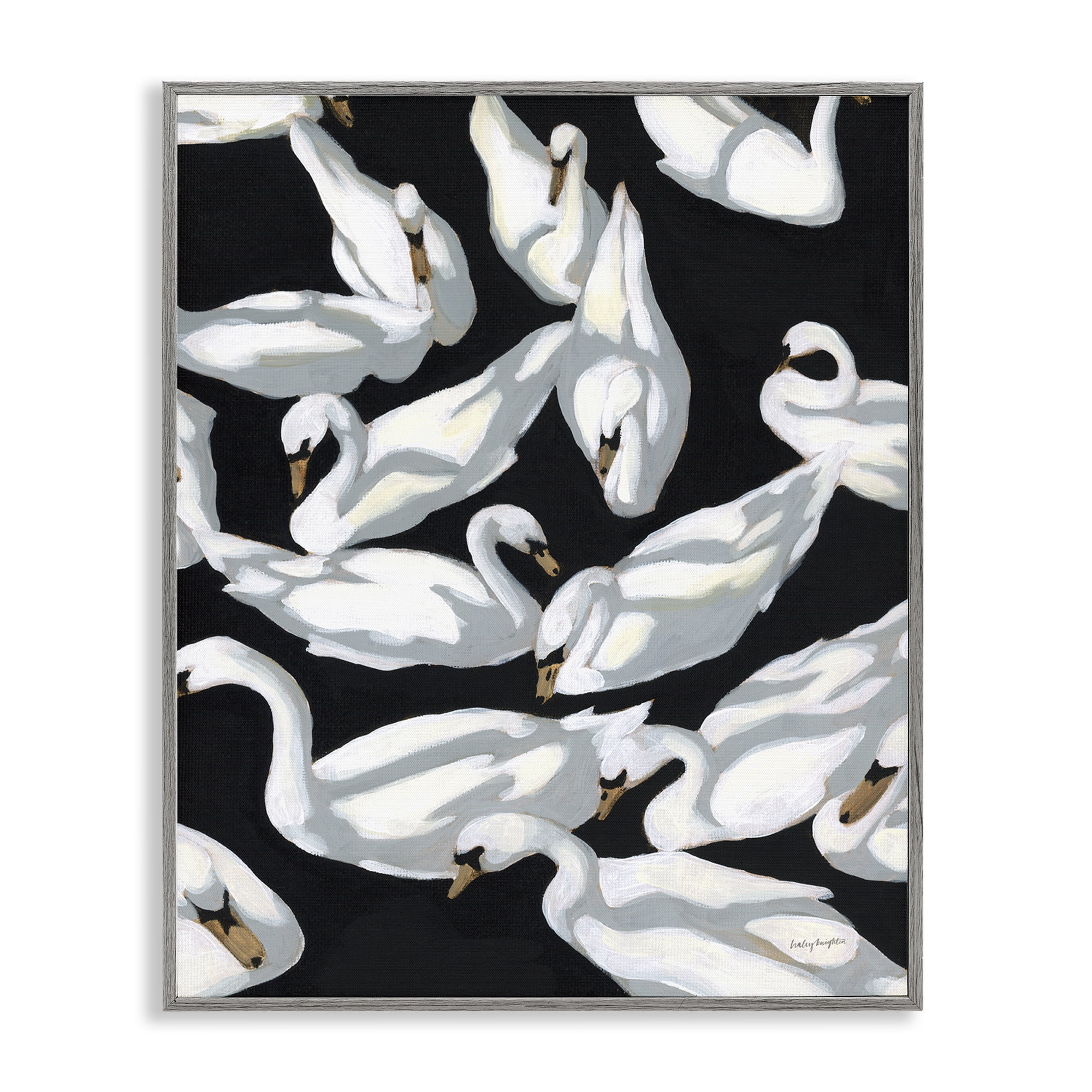 Stupell Industries Overlapping Swans on Black Animals Painting Gray Framed Art Print Wall Art, 16 x 20