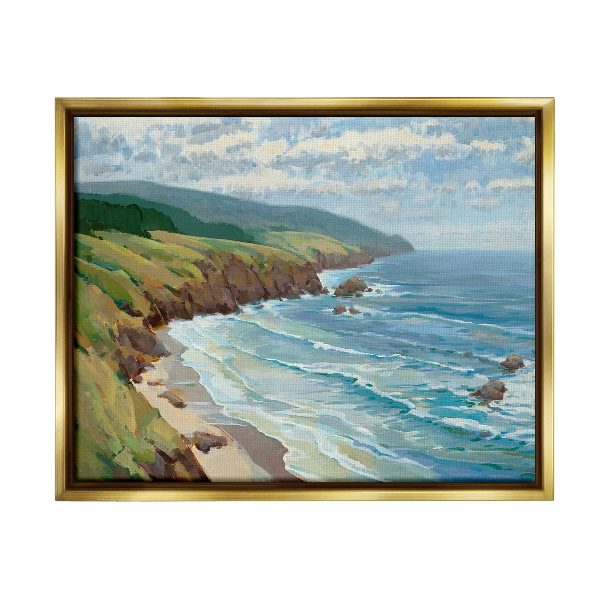 Stupell Industries Overlooking Beach Cliffs Landscape Painting Gold Floater Framed Canvas Art Print Wall Art, 21 x 17