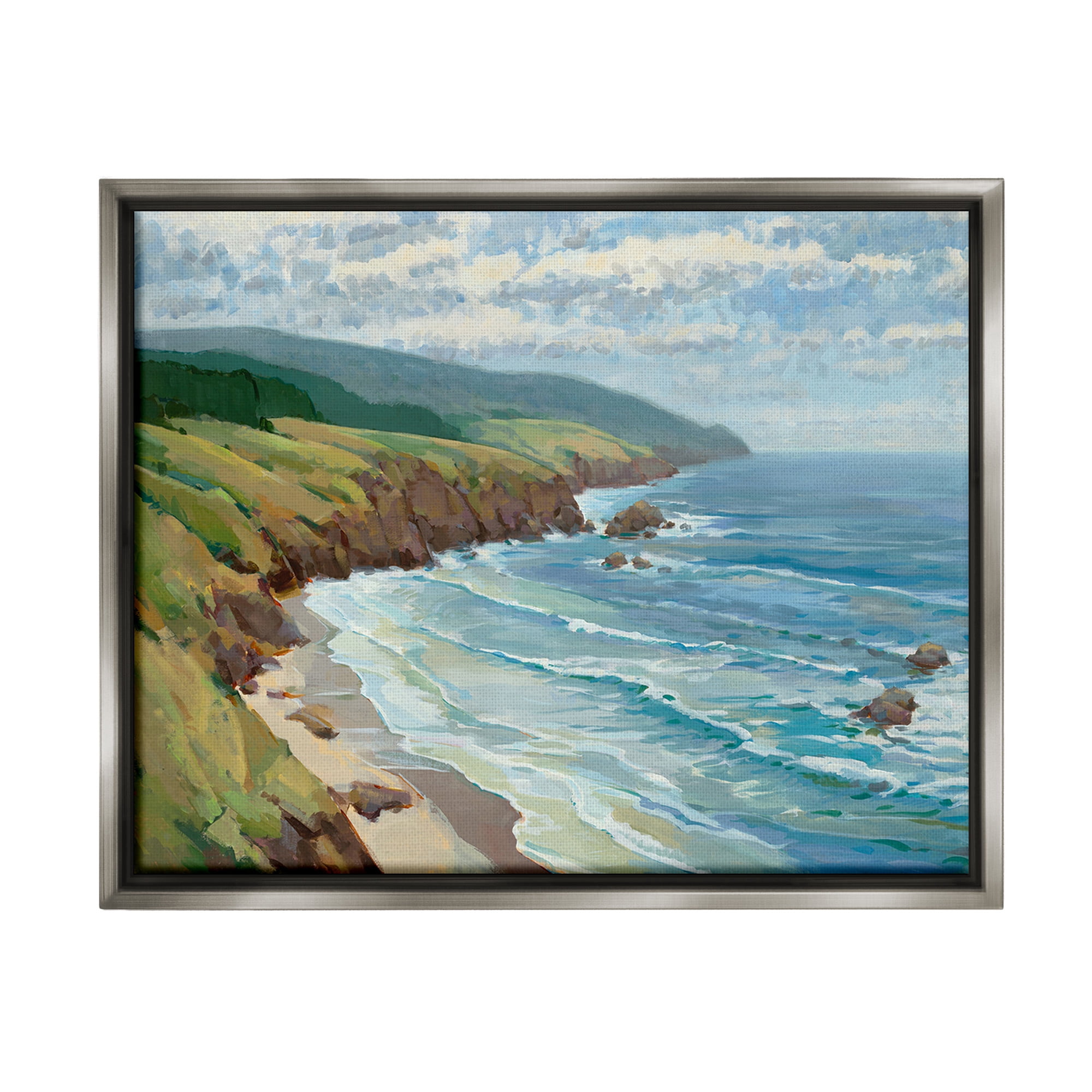 Stupell Industries Overlooking Beach Cliffs Landscape Painting Gray Floater Framed Canvas Art Print Wall Art, 21 x 17