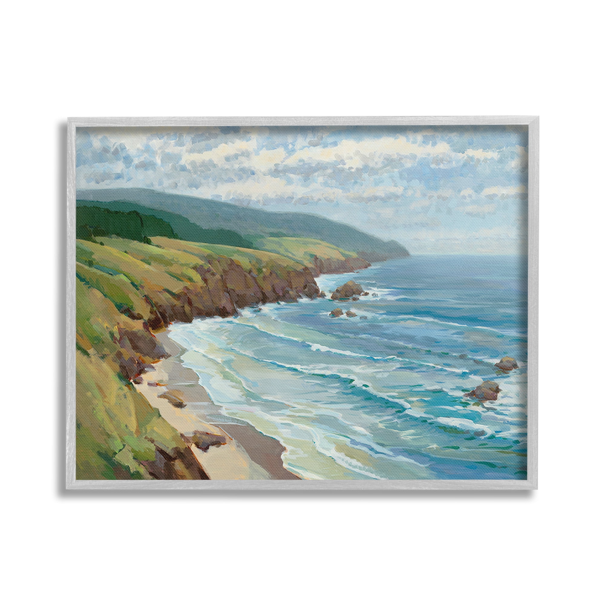 Stupell Industries Overlooking Beach Cliffs Landscape Painting Gray Framed Art Print Wall Art, 20 x 16
