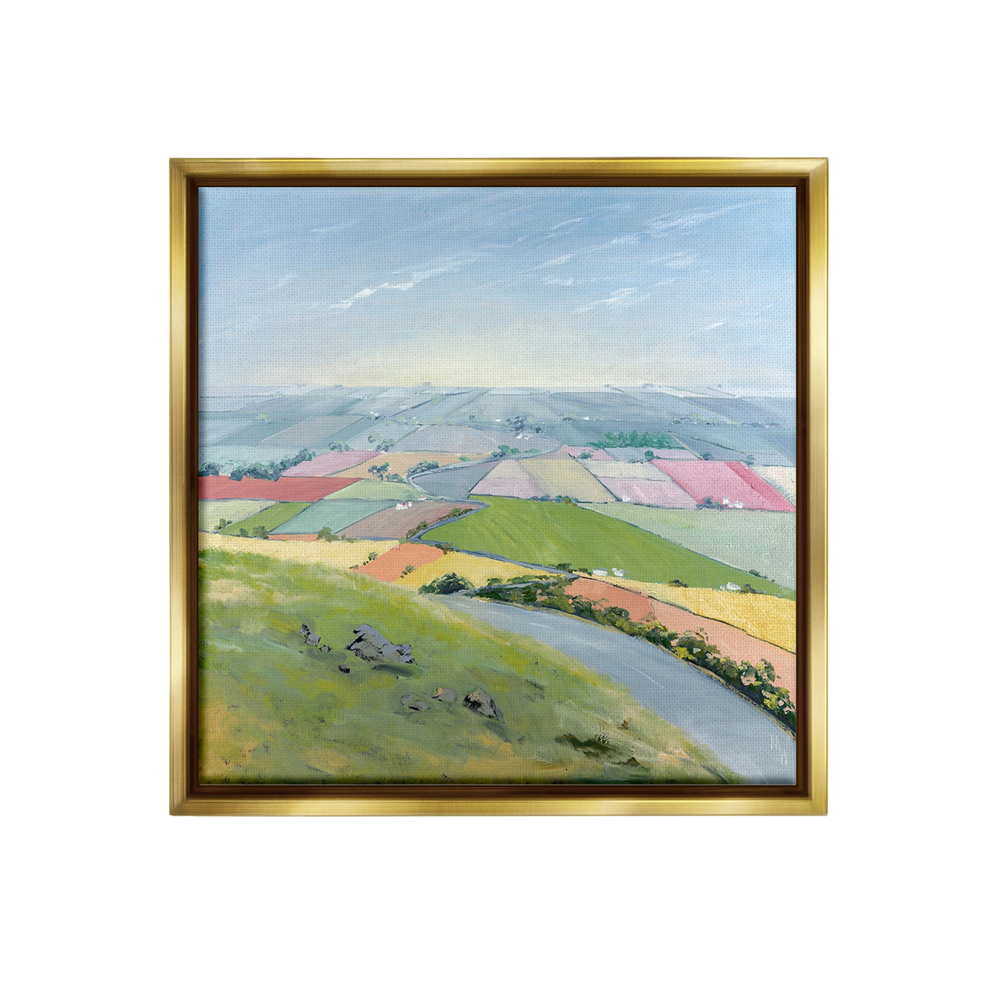 Stupell Industries Overlooking Farm Agriculture Landscape Painting Gold Floater Framed Canvas Art Print Wall Art, 25 x 25