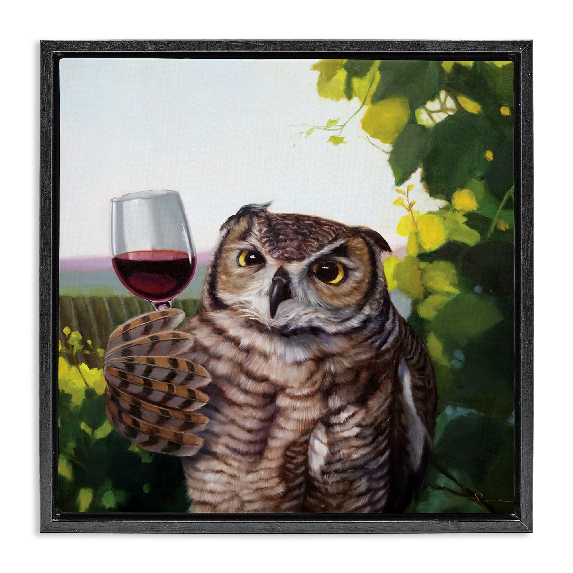 Stupell Industries Owl Drinking Red Wine Animals & Insects Painting Black Floater Framed Canvas Art Print Wall Art, 18 x 18