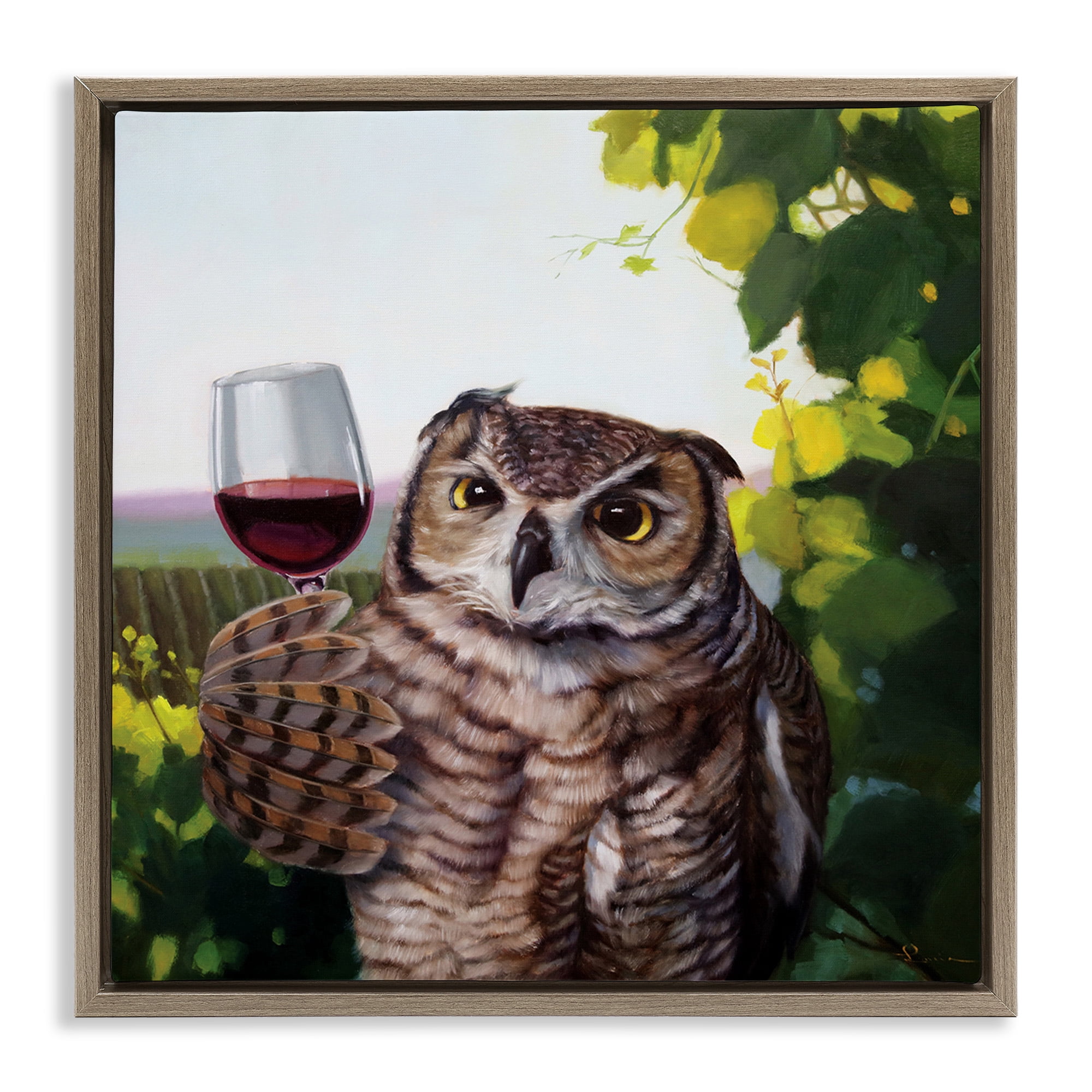 Stupell Industries Owl Drinking Red Wine Animals & Insects Painting Brown Floater Framed Canvas Art Print Wall Art, 25 x 25