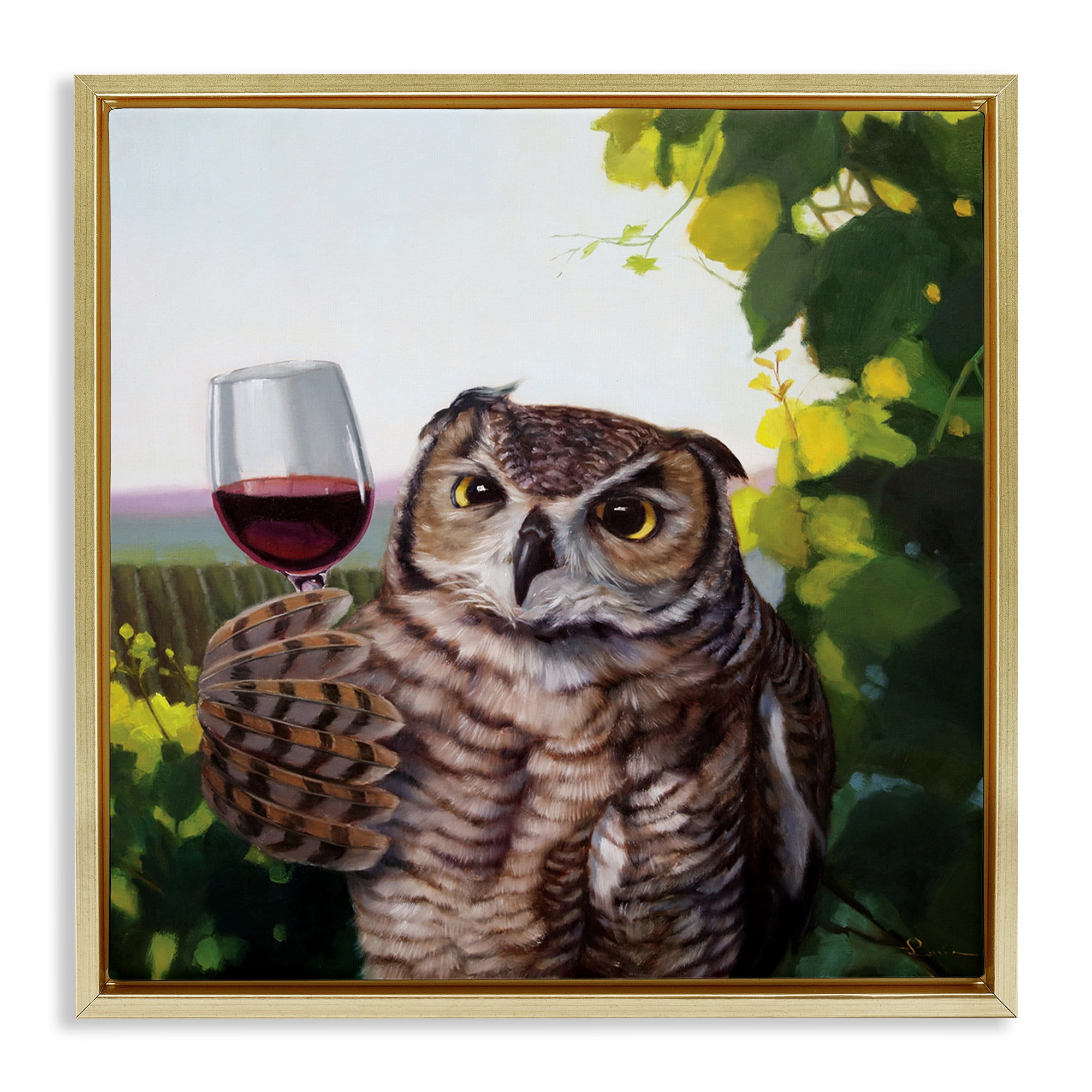 Stupell Industries Owl Drinking Red Wine Animals & Insects Painting Gold Floater Framed Canvas Art Print Wall Art, 25 x 25