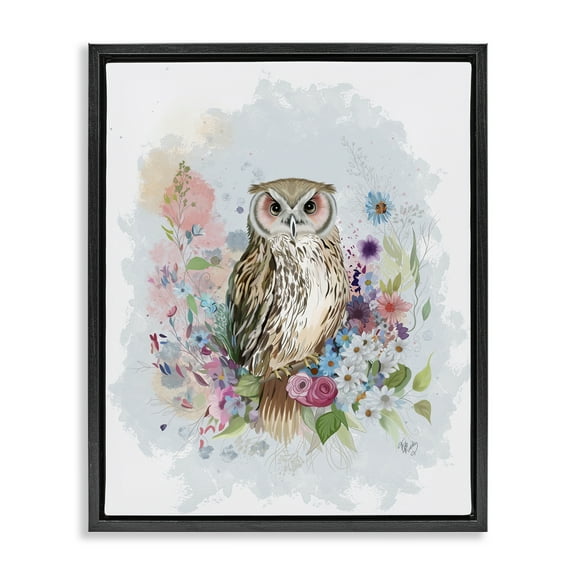 Stupell Industries Owl & Floral Garland Animals & Insects Painting Black Floater Framed Canvas Art Print Wall Art, 17 x 21