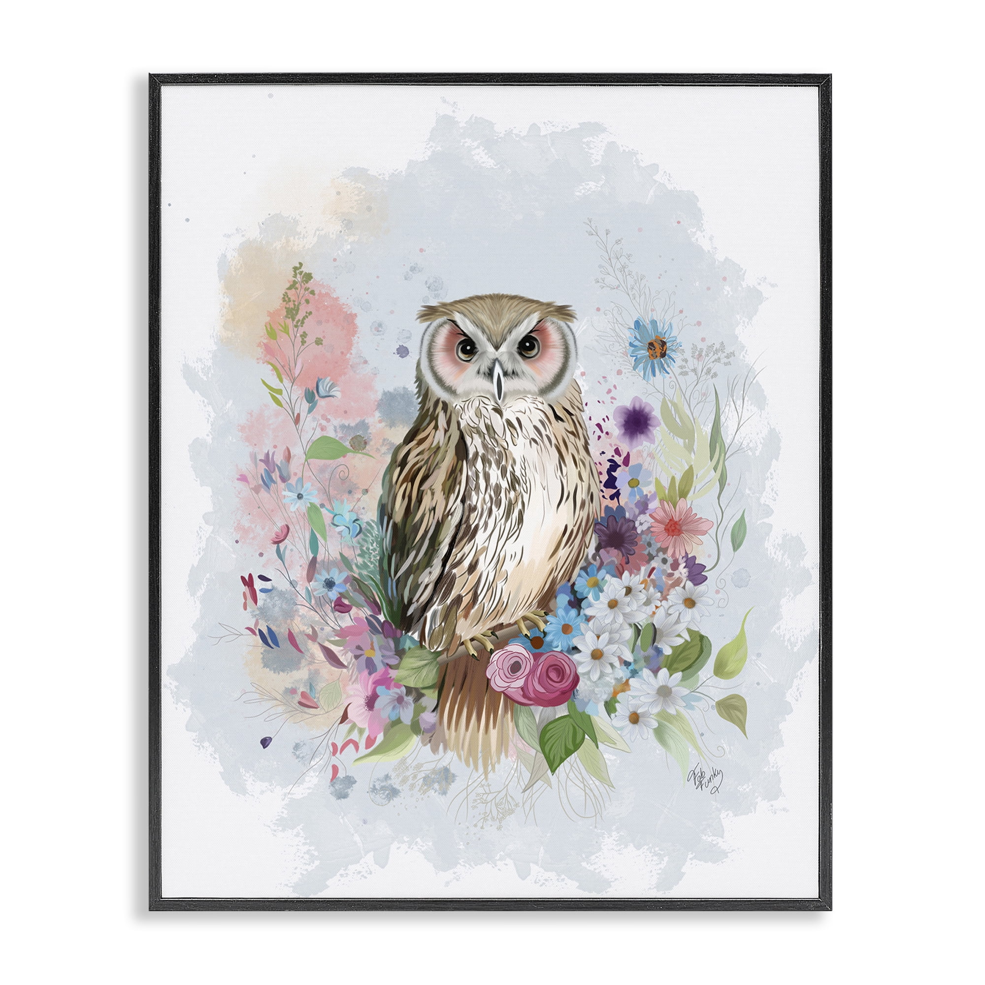Stupell Industries Owl & Floral Garland Animals & Insects Painting Black Framed Art Print Wall Art, 16 x 20