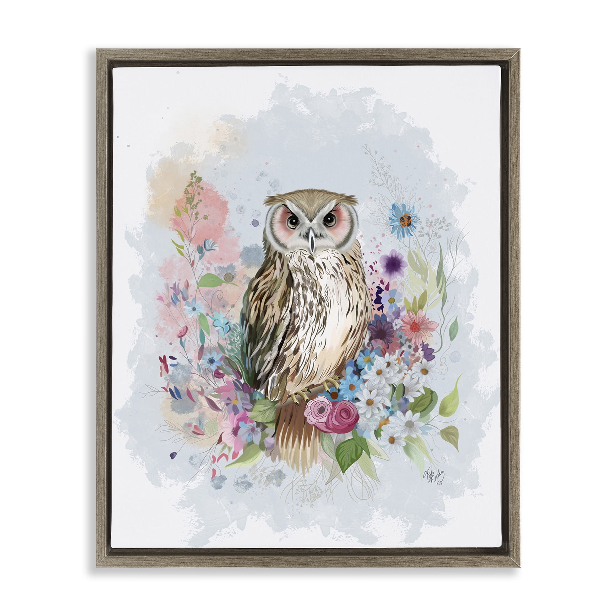 Stupell Industries Owl & Floral Garland Animals & Insects Painting Brown Floater Framed Canvas Art Print Wall Art, 17 x 21