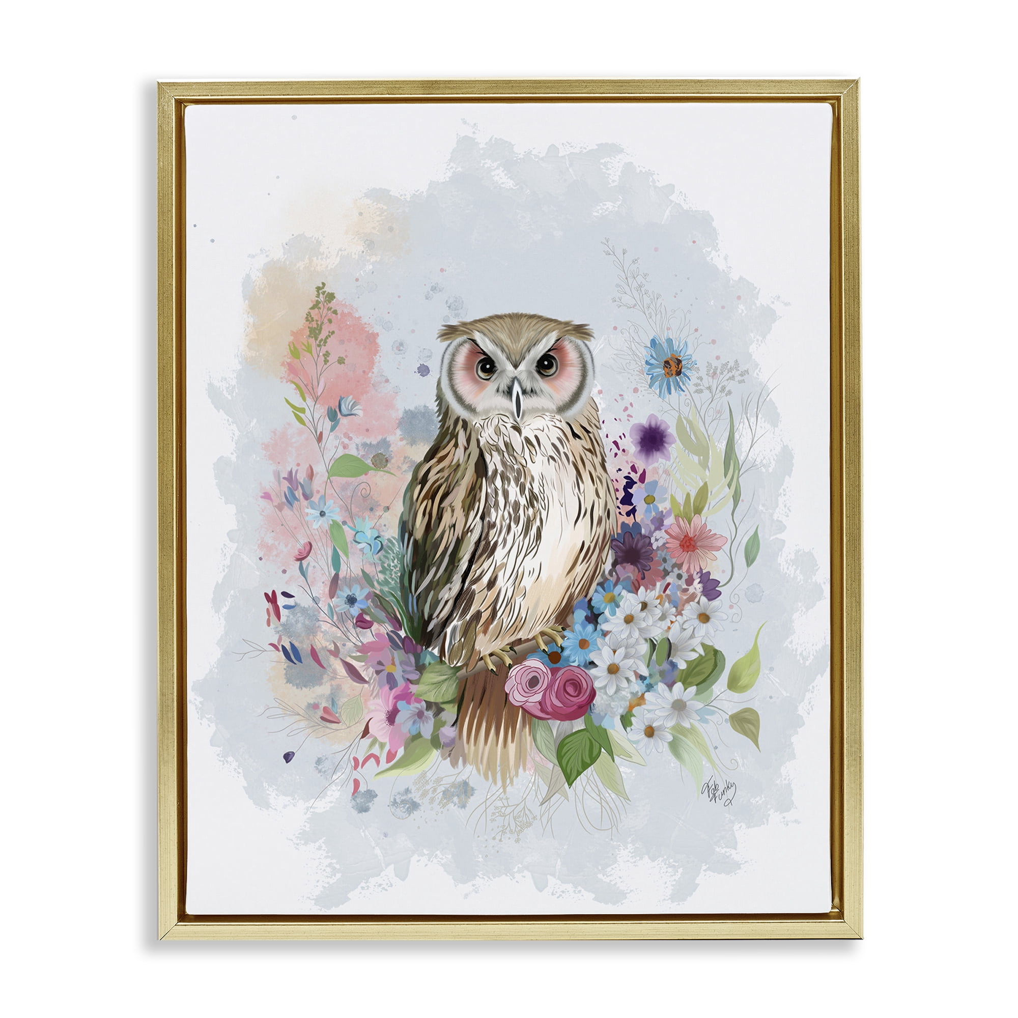 Stupell Industries Owl & Floral Garland Animals & Insects Painting Gold Floater Framed Canvas Art Print Wall Art, 17 x 21