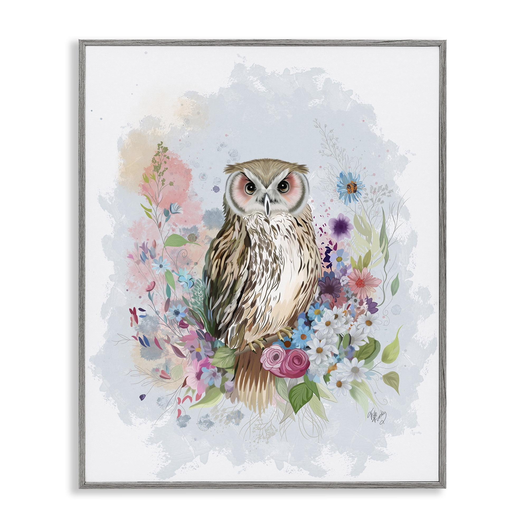 Stupell Industries Owl & Floral Garland Animals & Insects Painting Gray Framed Art Print Wall Art, 24 x 30