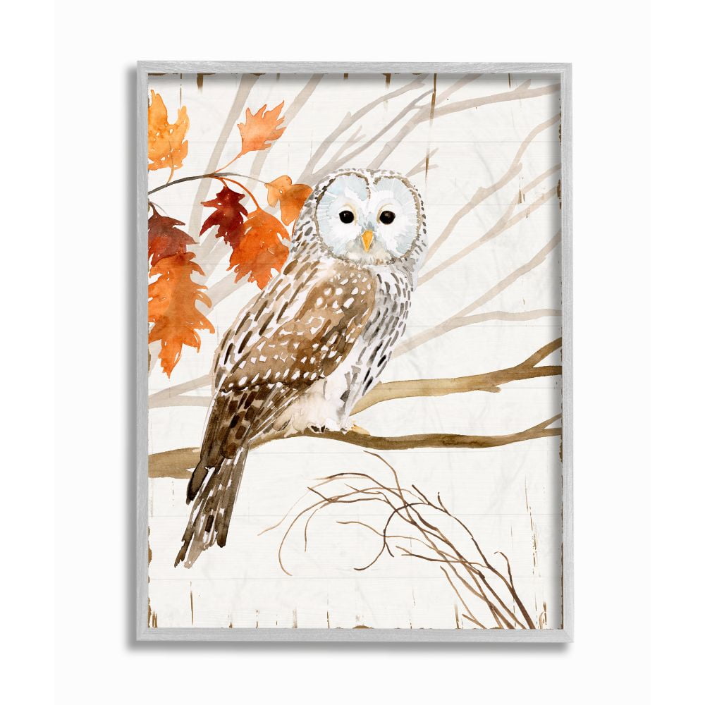 Autumn Forest Owl Watercolor Canvas Wall Art with Gray Frame, 11x14