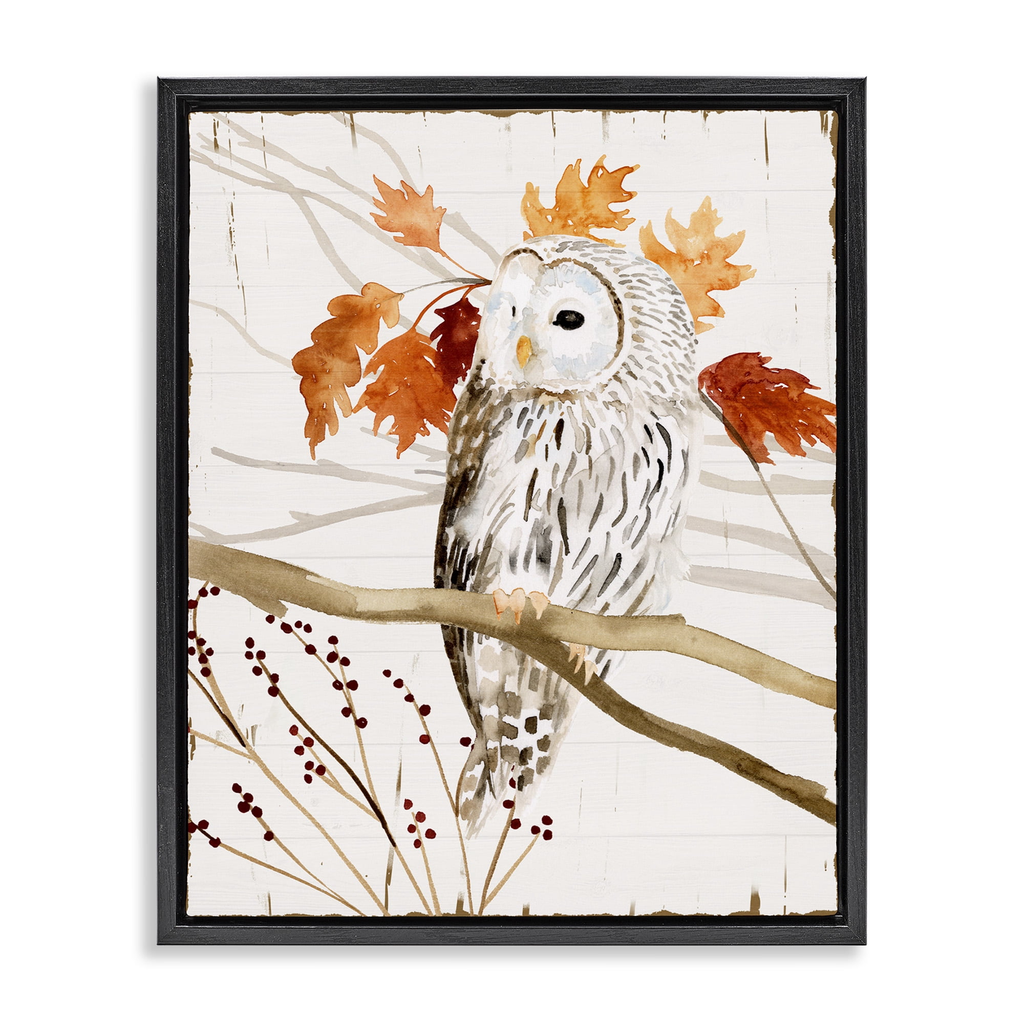 Stupell Industries Owl In Autumnal Forest Animals & Insects Painting Black Floater Framed Canvas Art Print Wall Art, 25 x 31