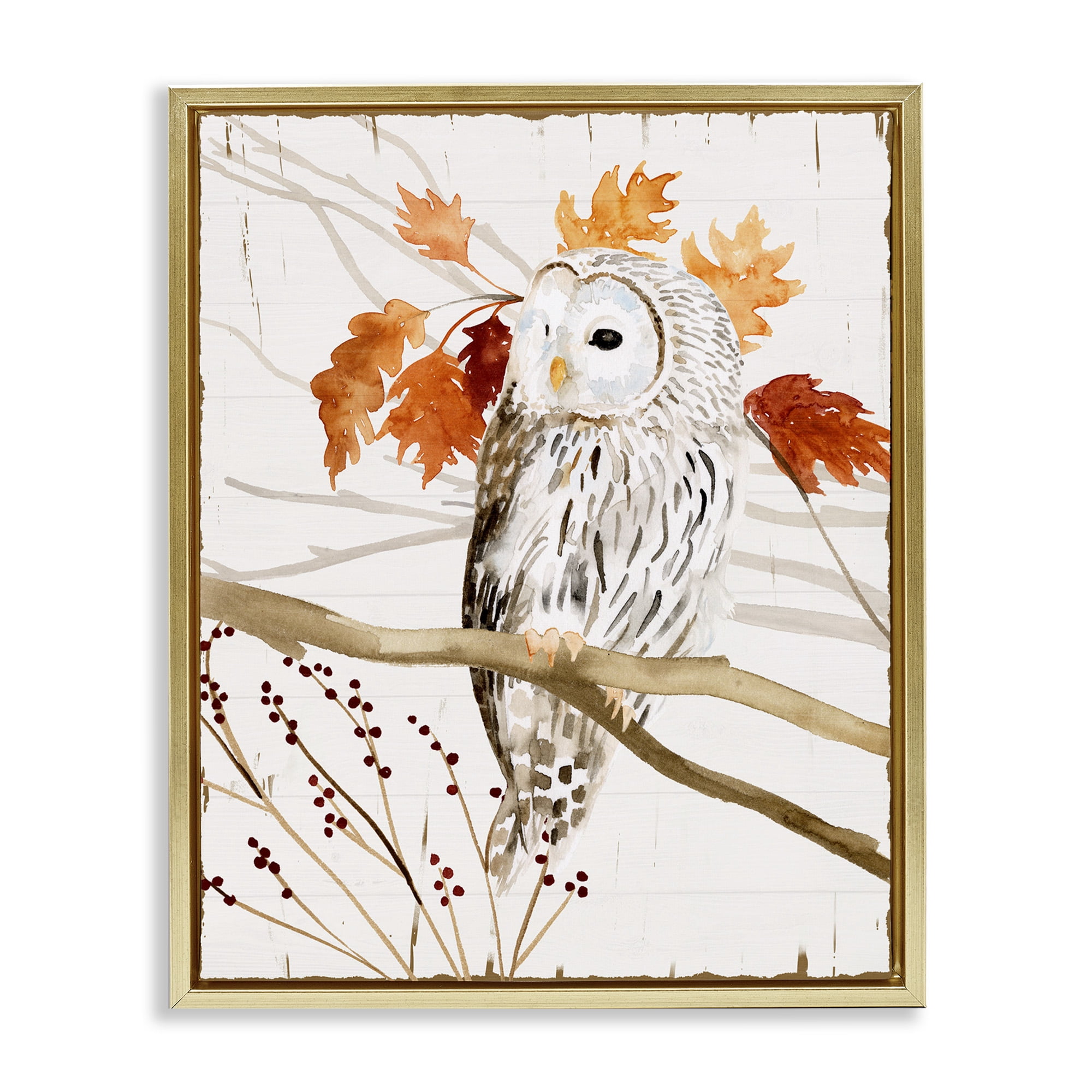 Stupell Industries Owl In Autumnal Forest Animals & Insects Painting Gold Floater Framed Canvas Art Print Wall Art, 17 x 21