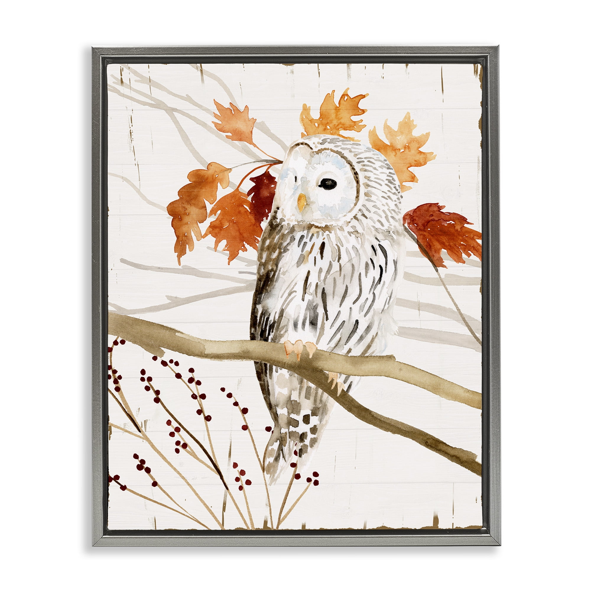 Gray Framed Canvas Print of Owl in Autumn Forest, 17 x 21