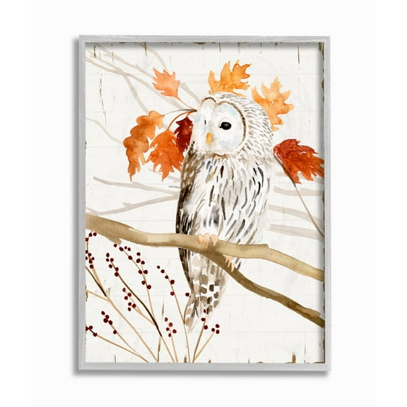 Stupell Industries Owl In Fall Forest Animal Watercolor Painting Gray Framed Wall Art, 16 x 20, byVictoria Borges