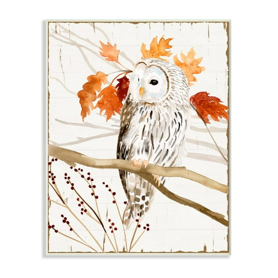 Stupell Industries Owl In Fall Forest Animal Watercolor Painting Wood Plaque by Victoria Borges
