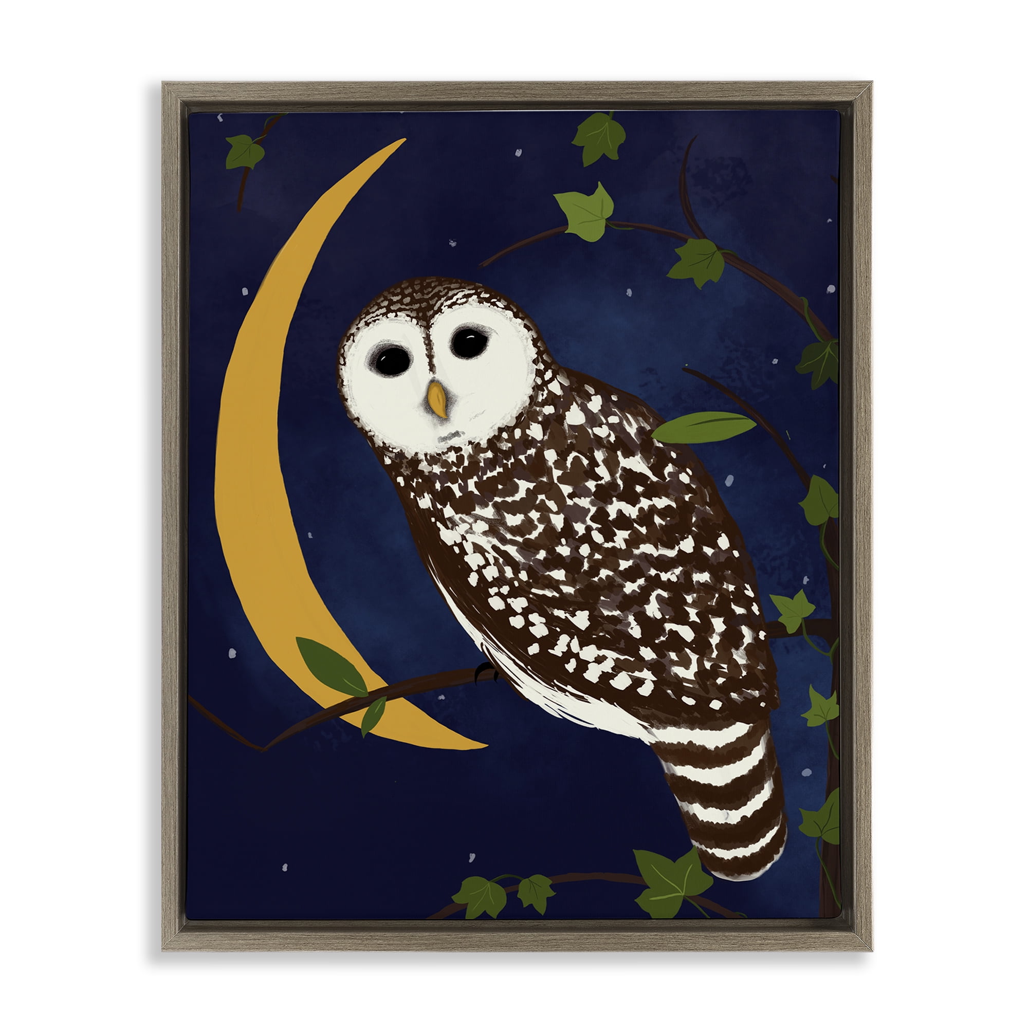 Stupell Industries Owl & Moon Forest Animals Painting Brown Floater Framed Canvas Art Print Wall Art, 17 x 21