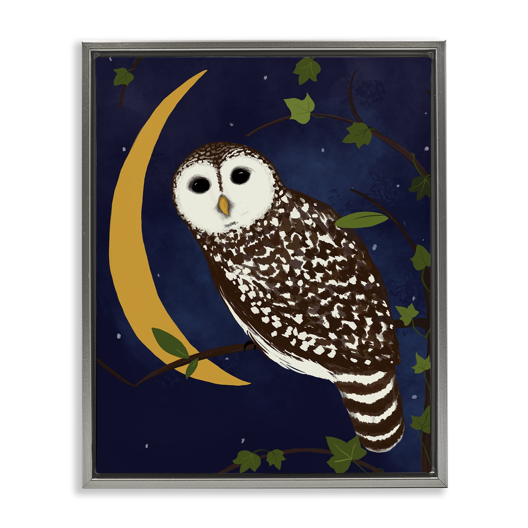 Stupell Industries Owl & Moon Forest Animals Painting Gray Floater Framed Canvas Art Print Wall Art, 25 x 31